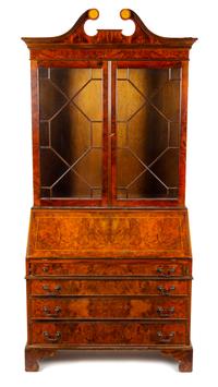 A Georgian Style Burl Walnut Secretary Bookcase