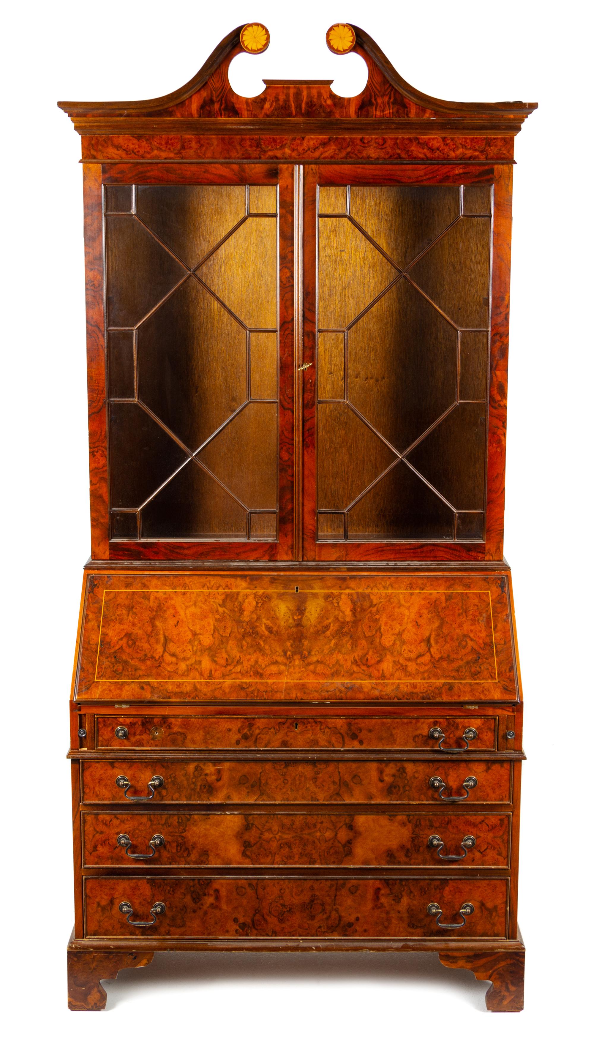 A Georgian Style Burl Walnut Secretary Bookcase