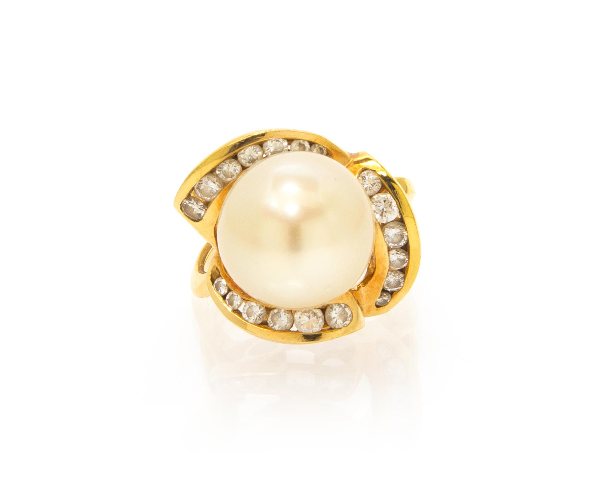 An 18 Karat Yellow Gold, South Sea Cultured Pearl and Diamond Ring, 9.70 dwts.