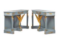 A Pair of Directoire Style Painted and Parcel Gilt Marble-Top Console Tables