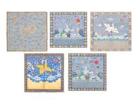 Thirteen Embroidered and Woven Silk Articles