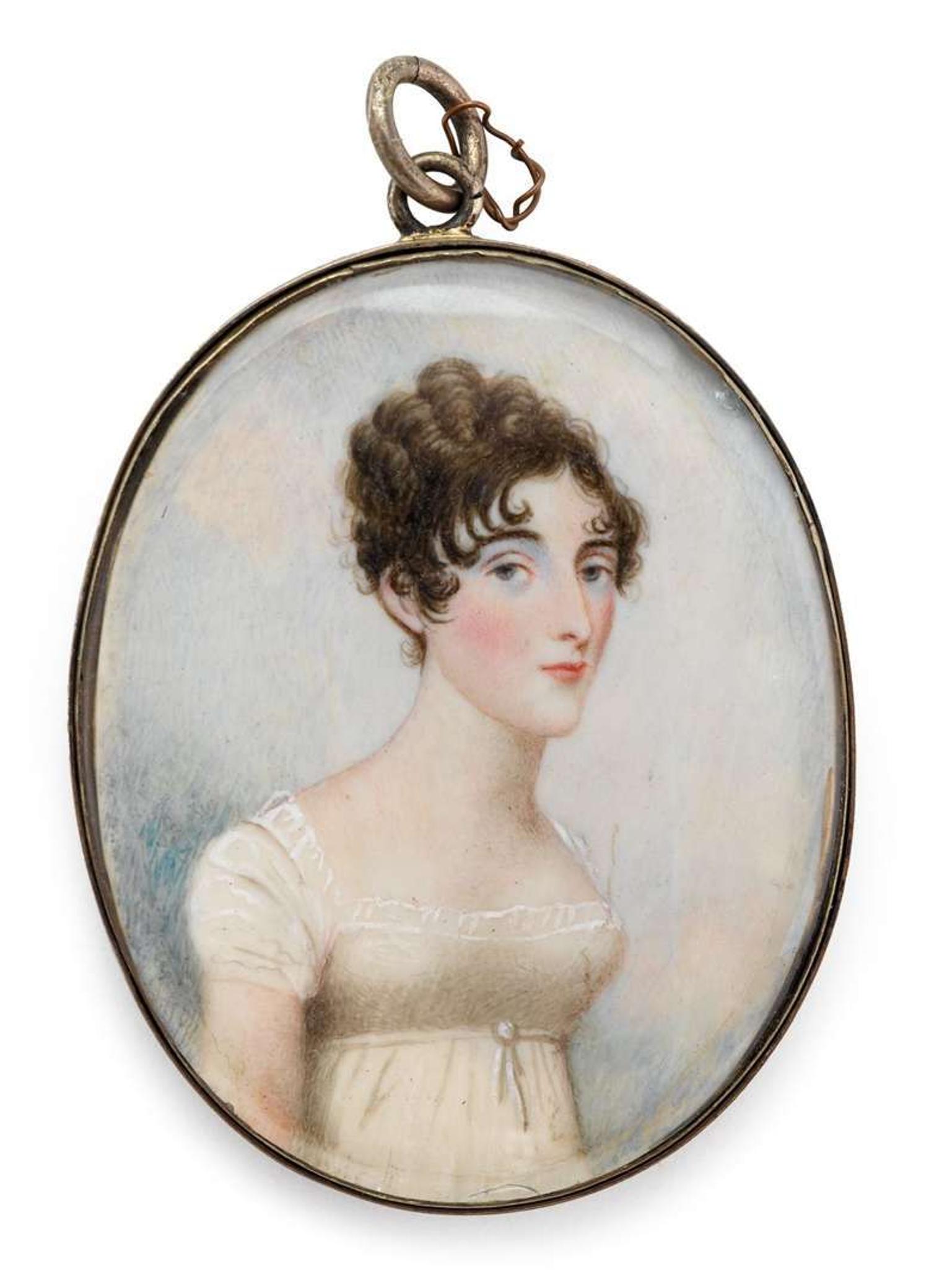 Attributed to Frederick Buck (Irish, 1771-1840) miniature portrait of a young lady in white dress, circa 1800