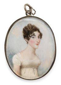 Attributed to Frederick Buck (Irish, 1771-1840) miniature portrait of a young lady in white dress, circa 1800