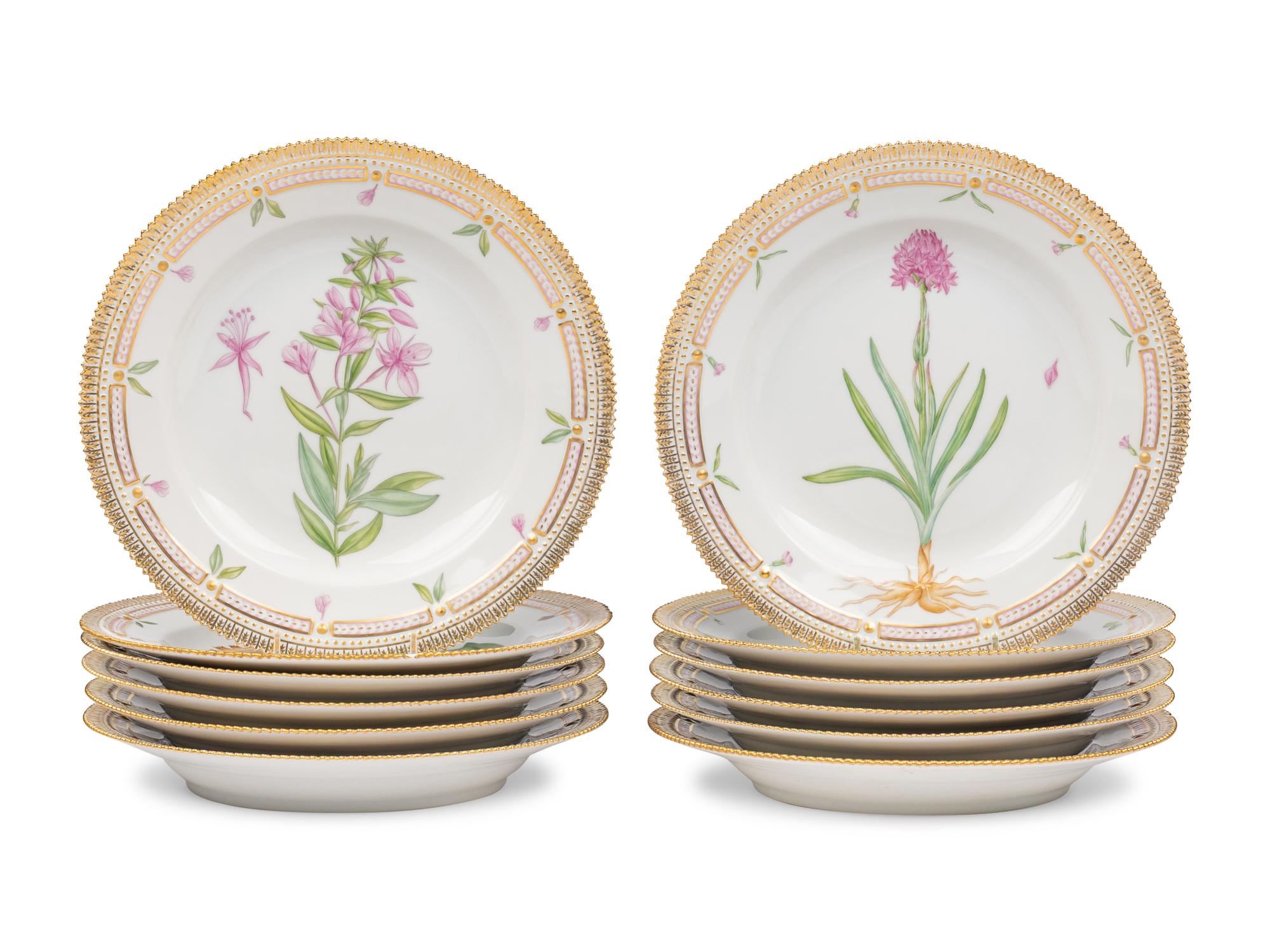 A Set of Twelve Royal Copenhagen Flora Danica Porcelain Dinner Plates