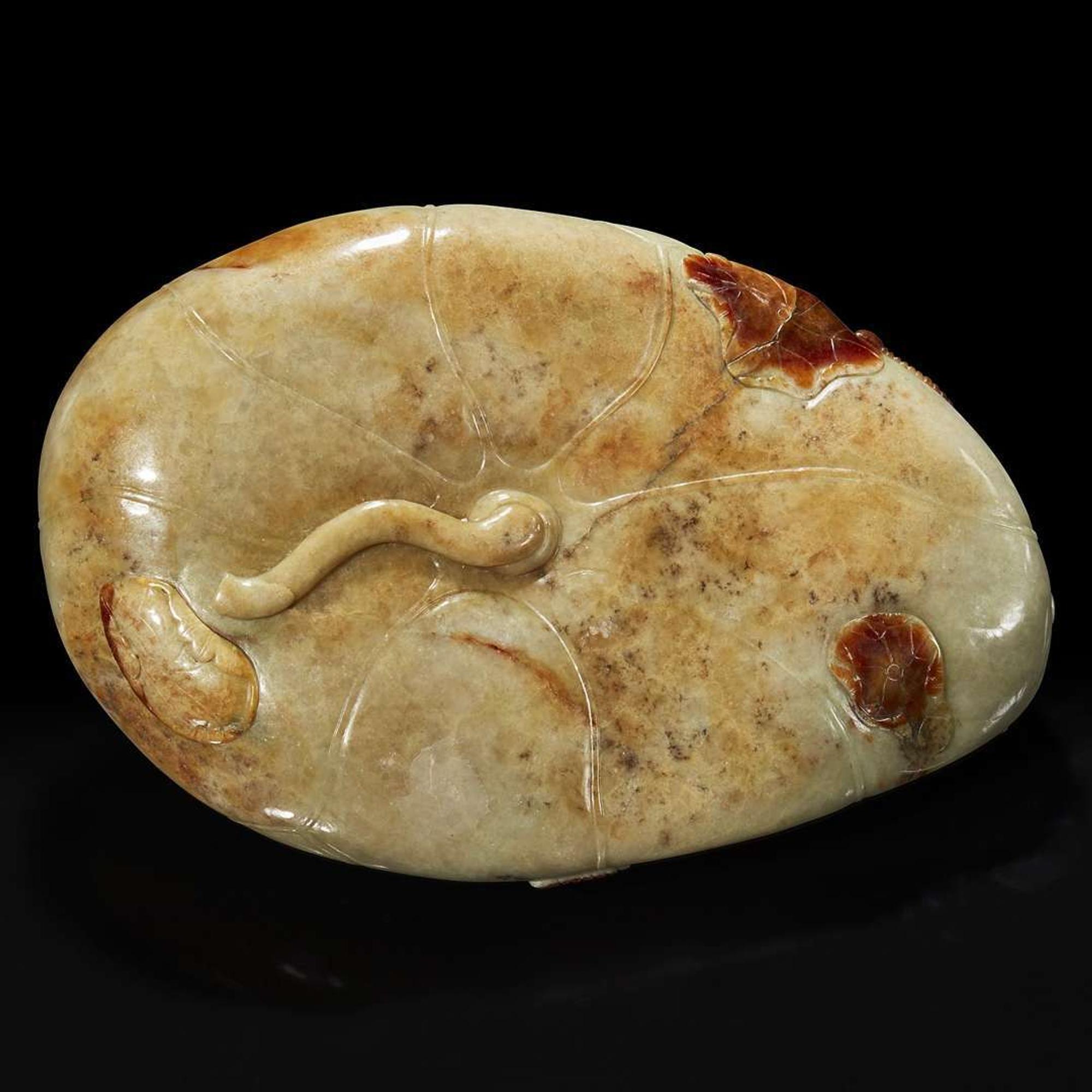 A Chinese carved russet and beige jade "Lotus Leaf" brush washer 赤褐色沁灰玉莲叶水洗