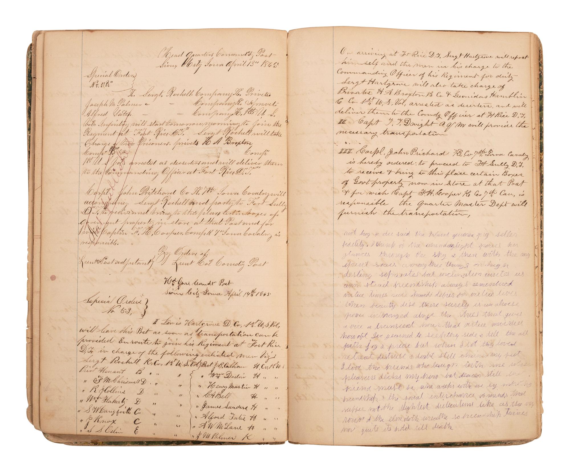[INDIAN WARS]. Manuscript special orders book for 7th Iowa Volunteer Cavalry, 1864-1866.