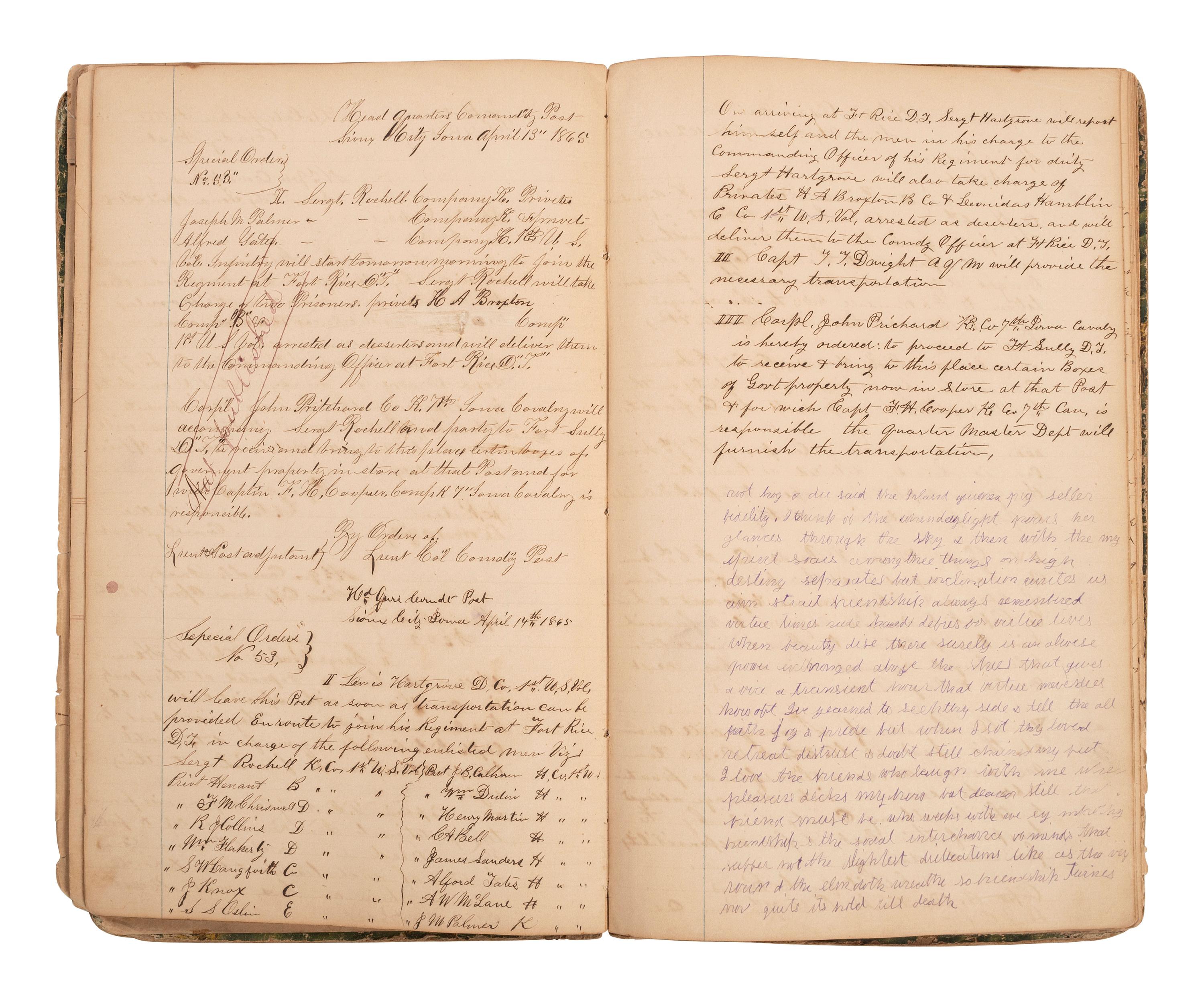 [INDIAN WARS]. Manuscript special orders book for 7th Iowa Volunteer Cavalry, 1864-1866.