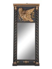A Federal Eagle Decorated Green Painted Parcel Gilt Pine and Mahogany Pier Mirror
