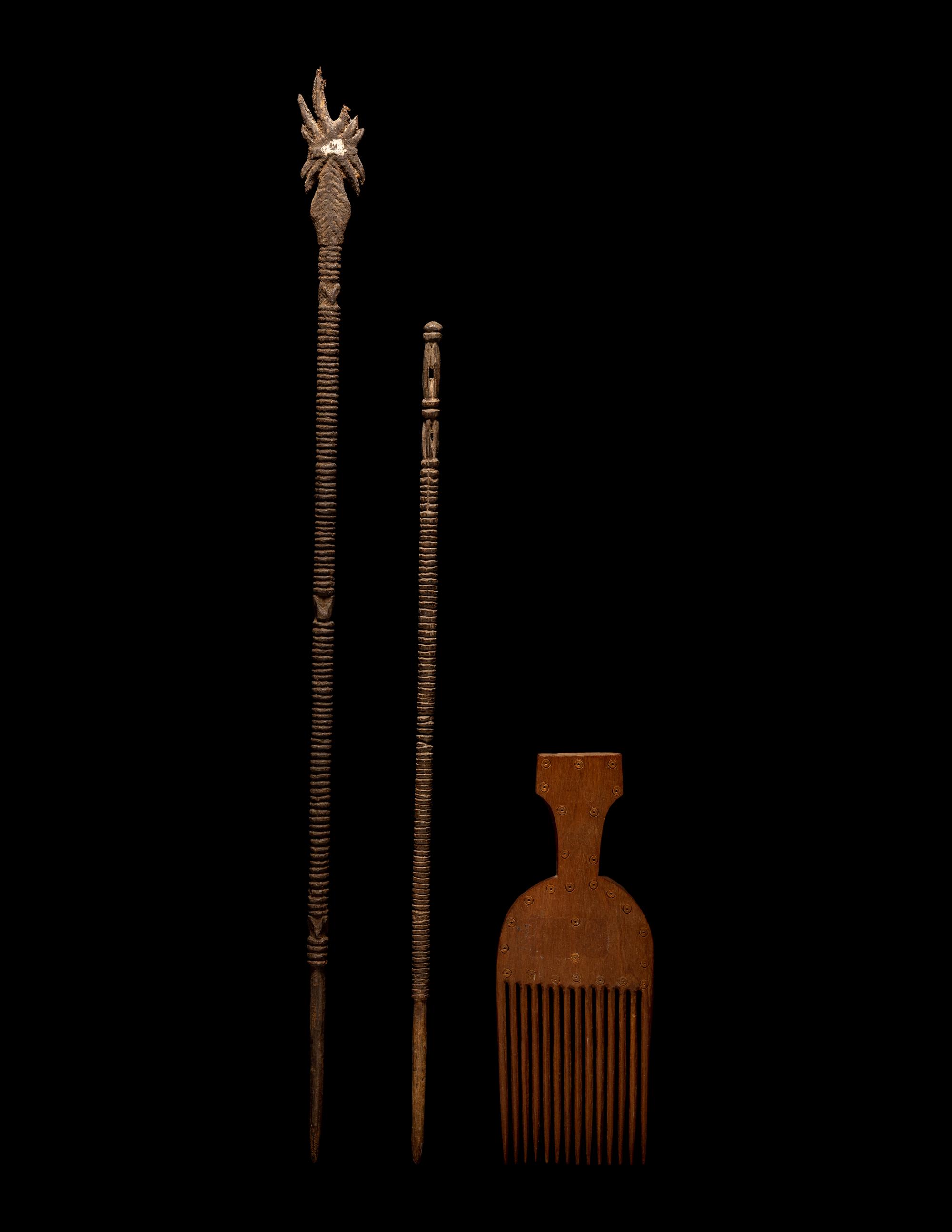 Four Colima Female Figures, Two Akan Wood Spears, and a Wood Comb