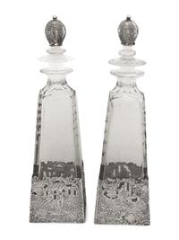 A Pair of American Silver Mounted Etched Glass Decanters