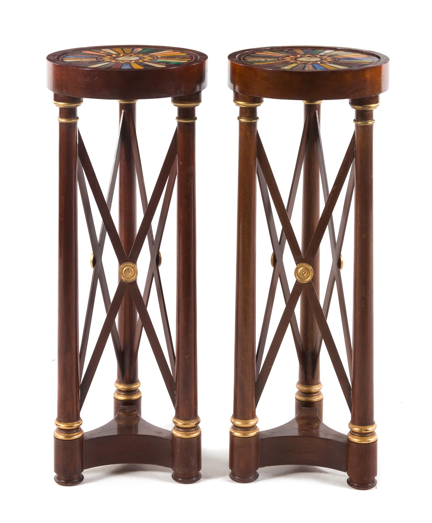 A Pair of Empire Style Specimen Marble and Mosaic Inset Mahogany Pedestals Height 37 1/8 x diameter 14 1/4 inches. — 20TH CENTURY