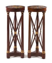 A Pair of Empire Style Specimen Marble and Mosaic Inset Mahogany Pedestals Height 37 1/8 x diameter 14 1/4 inches. — 20TH CENTURY