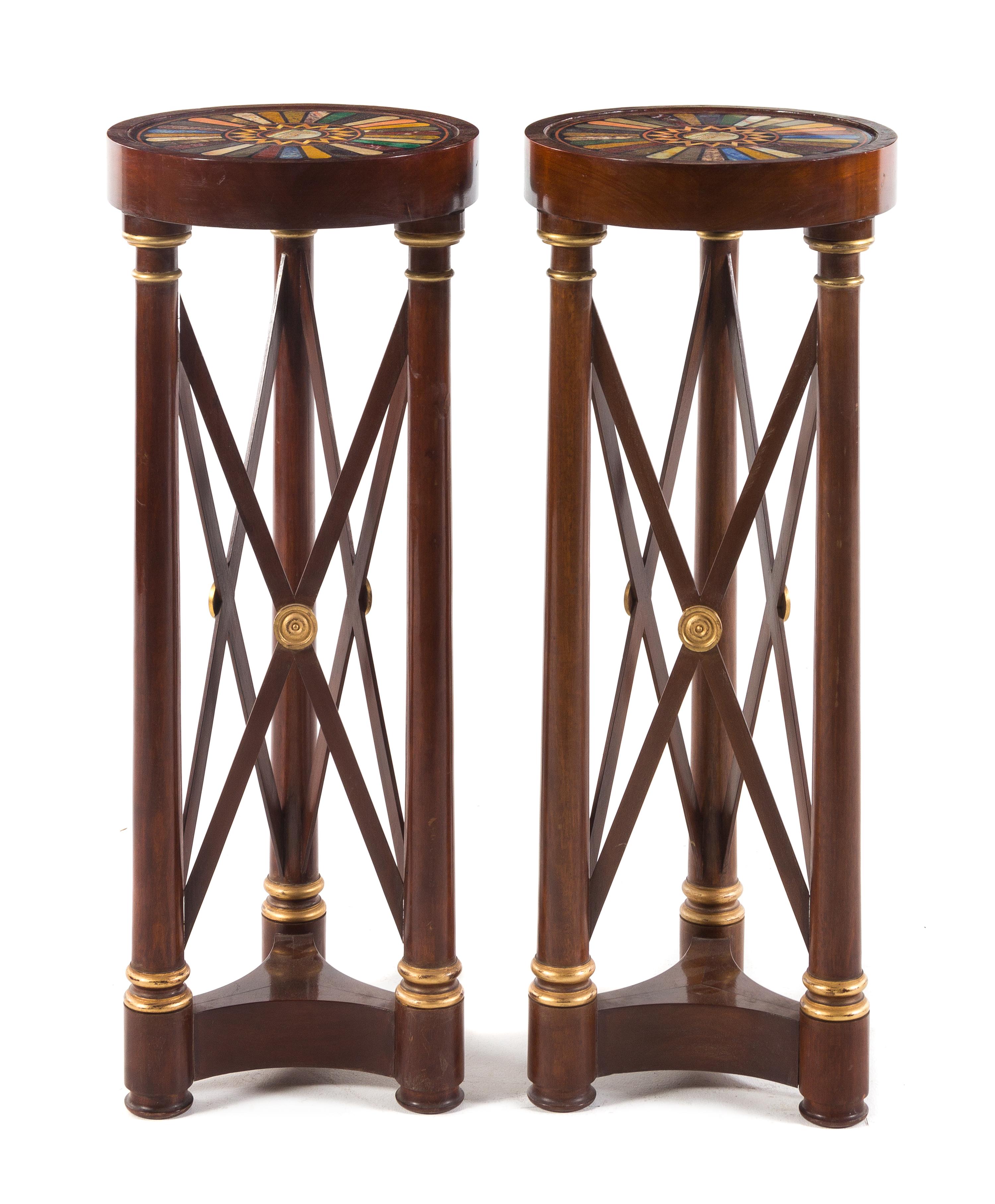 A Pair of Empire Style Specimen Marble and Mosaic Inset Mahogany Pedestals Height 37 1/8 x diameter 14 1/4 inches. — 20TH CENTURY