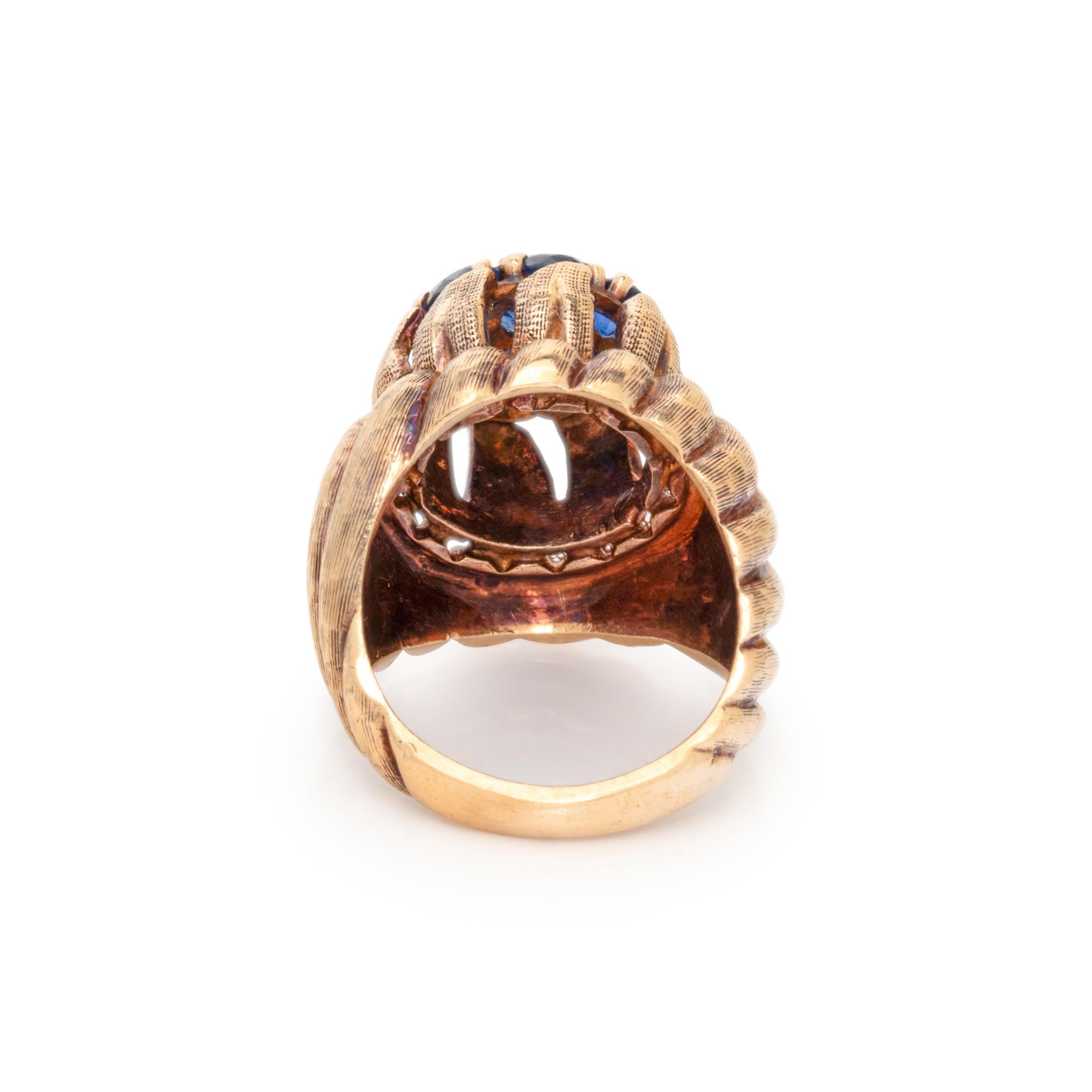 YELLOW GOLD, SAPPHIRE, AND SYNTHETIC SAPPHIRE RING