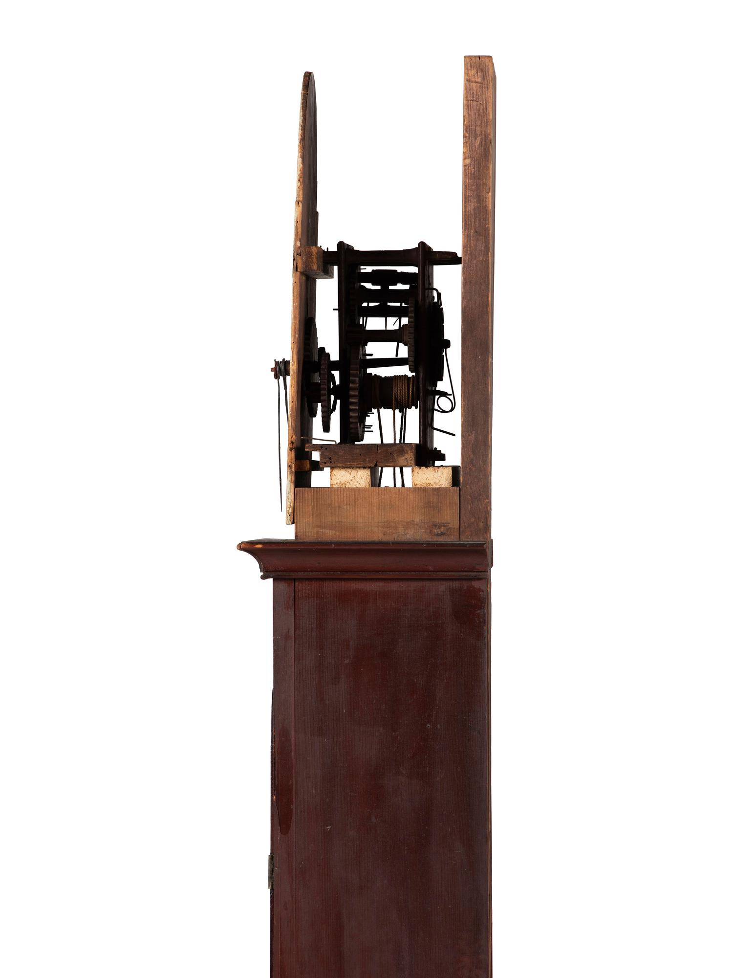 A Country Chippendale Red Painted Pine Wooden Works Tall Case Clock