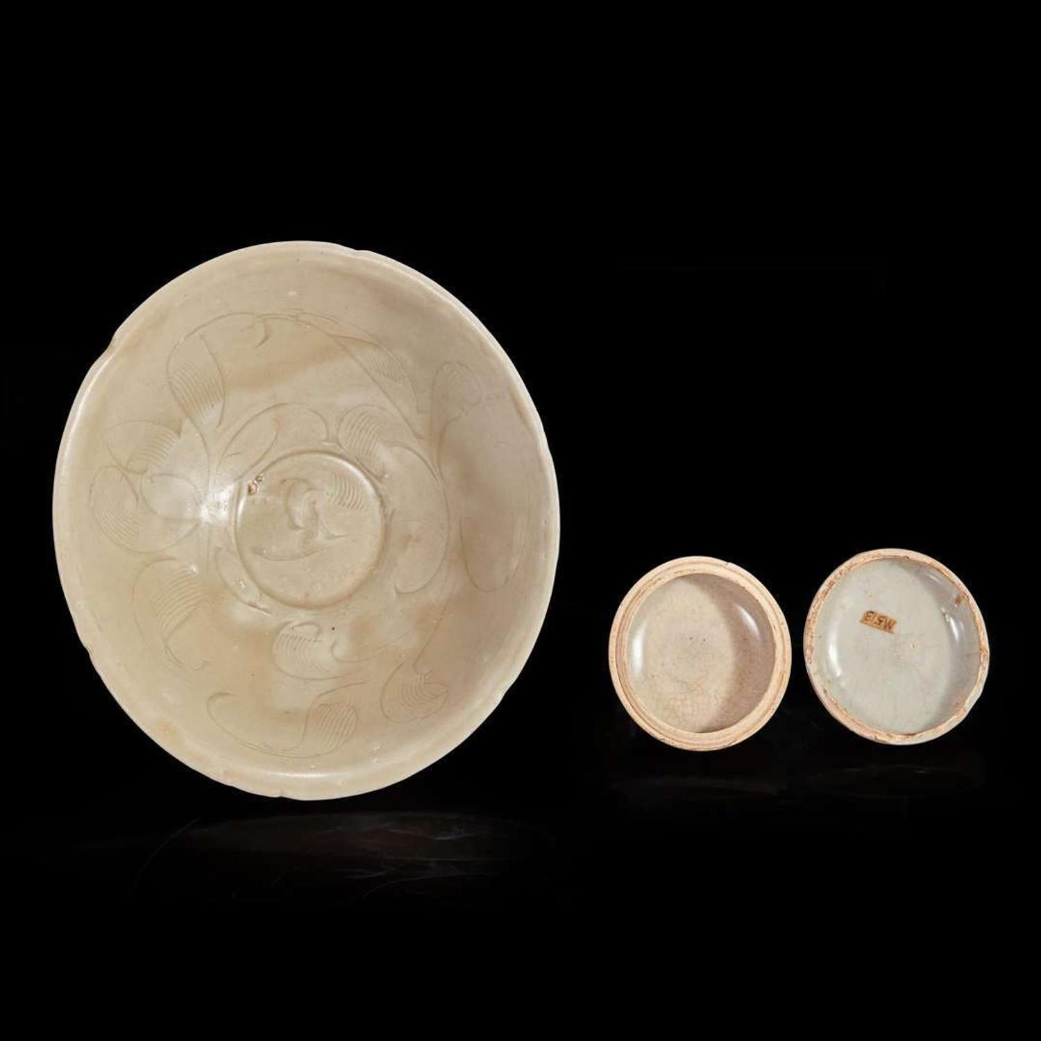 A Chinese small crackle-glaze circular box and a Chinese incised bowl Song dynasty