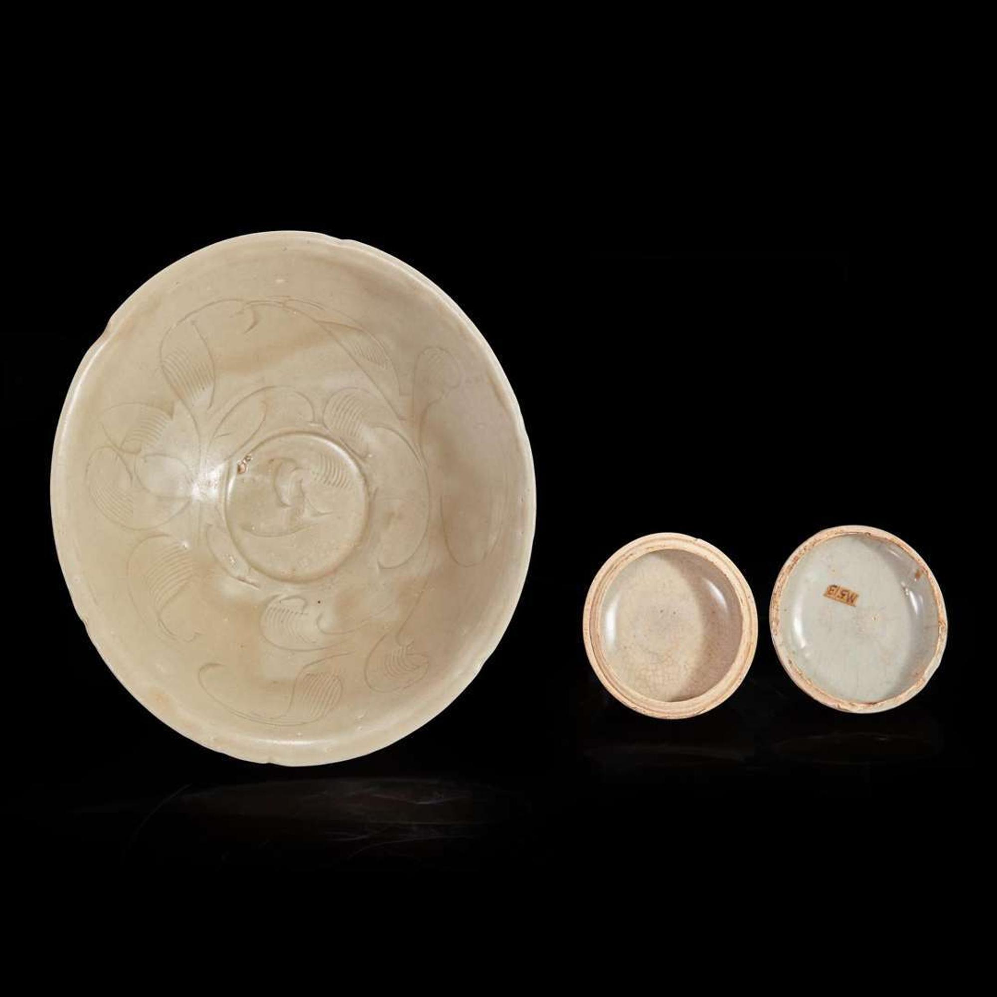 A Chinese small crackle-glaze circular box and a Chinese incised bowl Song dynasty