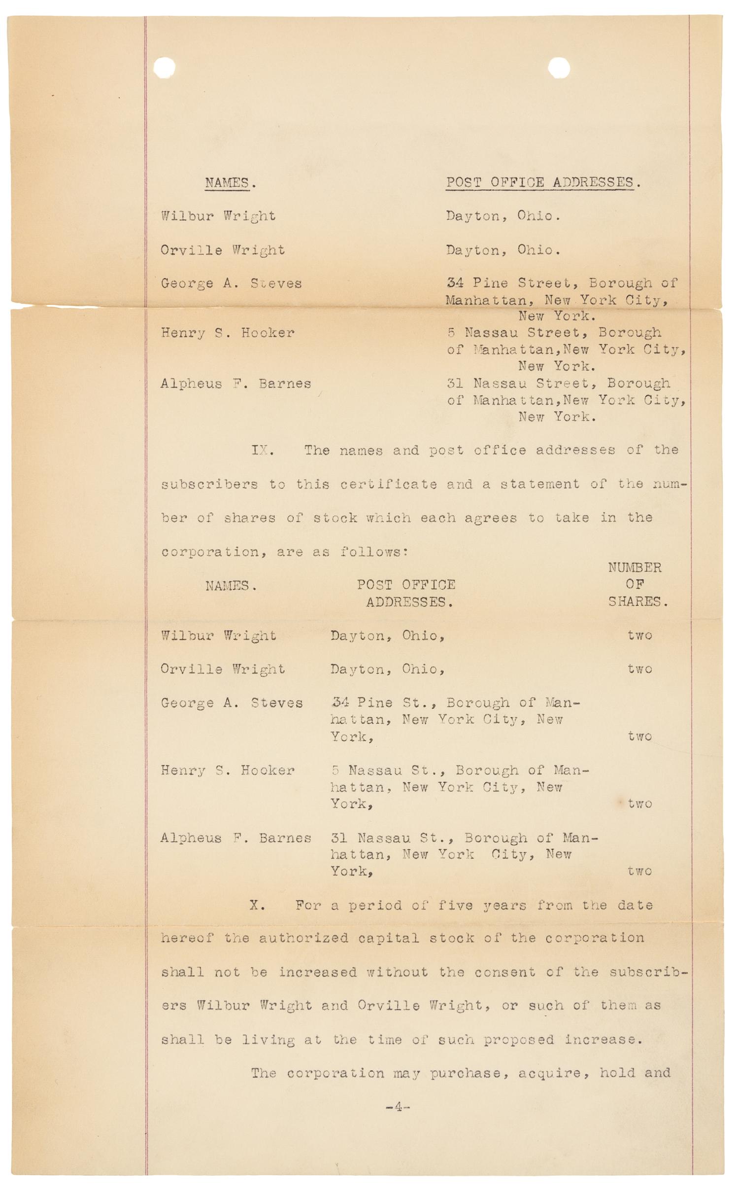 [WRIGHT BROTHERS]. WRIGHT, Wilbur (1867-1912) -- WRIGHT, Orville (1871-1948). Typed document signed ("Wilbur Wright", "Orville Wright", "George A. Steves", "Henry S. Hooker", "Alpheus F. Barnes"), New York, NY, 18 November 1909.