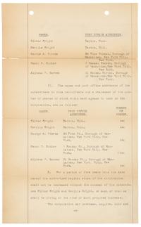 [WRIGHT BROTHERS]. WRIGHT, Wilbur (1867-1912) -- WRIGHT, Orville (1871-1948). Typed document signed ("Wilbur Wright", "Orville Wright", "George A. Steves", "Henry S. Hooker", "Alpheus F. Barnes"), New York, NY, 18 November 1909.