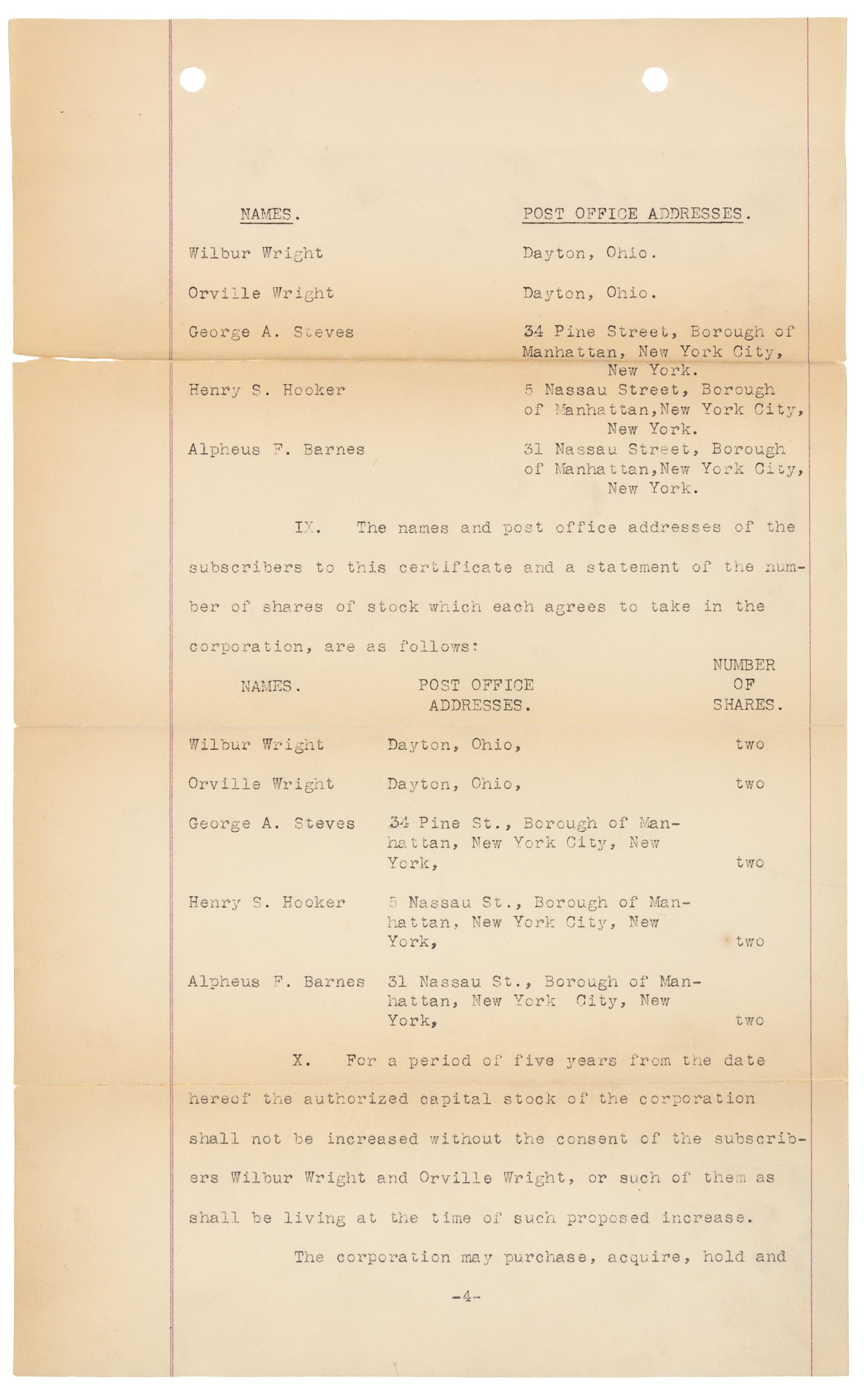 [WRIGHT BROTHERS]. WRIGHT, Wilbur (1867-1912) -- WRIGHT, Orville (1871-1948). Typed document signed ("Wilbur Wright", "Orville Wright", "George A. Steves", "Henry S. Hooker", "Alpheus F. Barnes"), New York, NY, 18 November 1909.