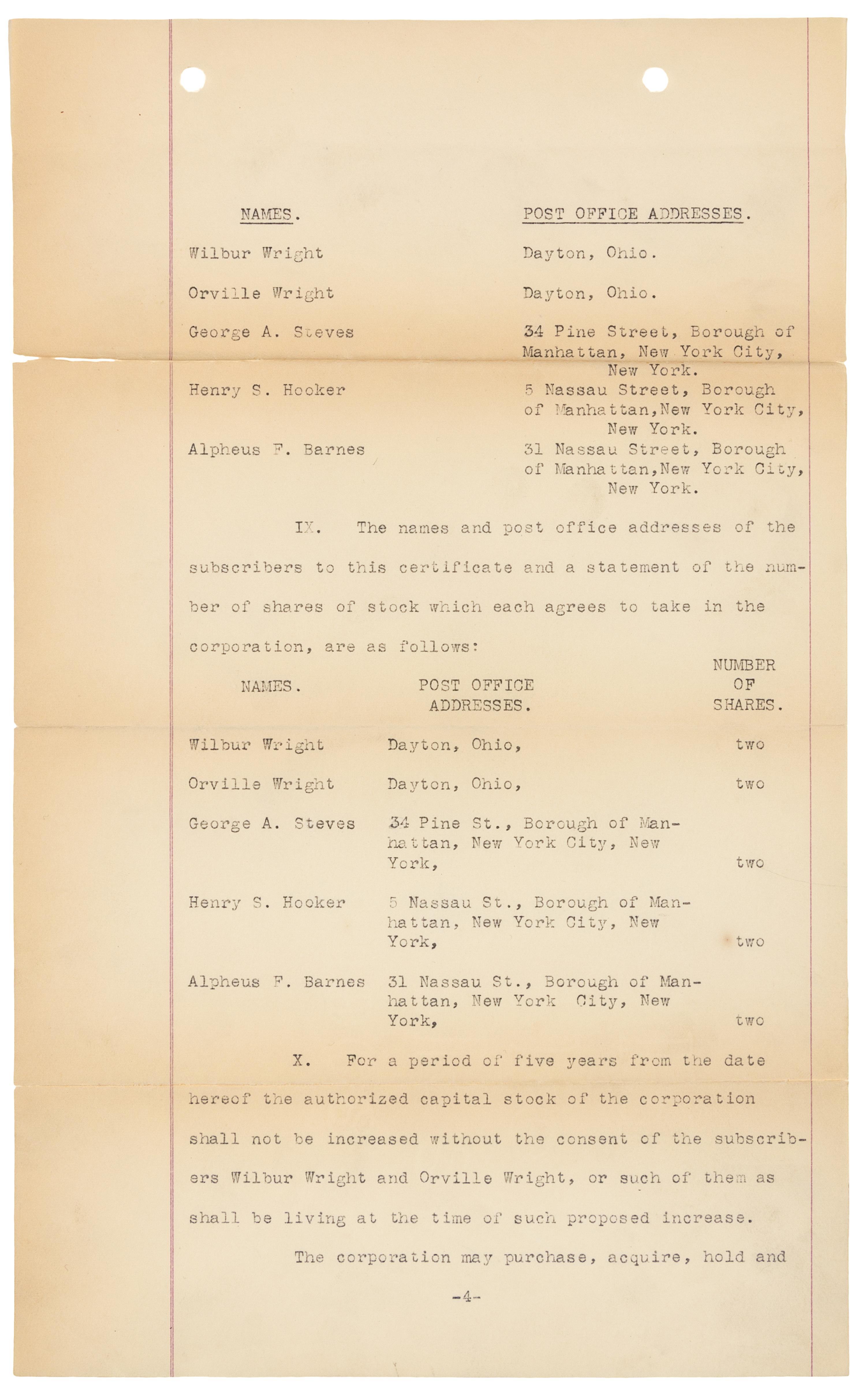 [WRIGHT BROTHERS]. WRIGHT, Wilbur (1867-1912) -- WRIGHT, Orville (1871-1948). Typed document signed ("Wilbur Wright", "Orville Wright", "George A. Steves", "Henry S. Hooker", "Alpheus F. Barnes"), New York, NY, 18 November 1909.