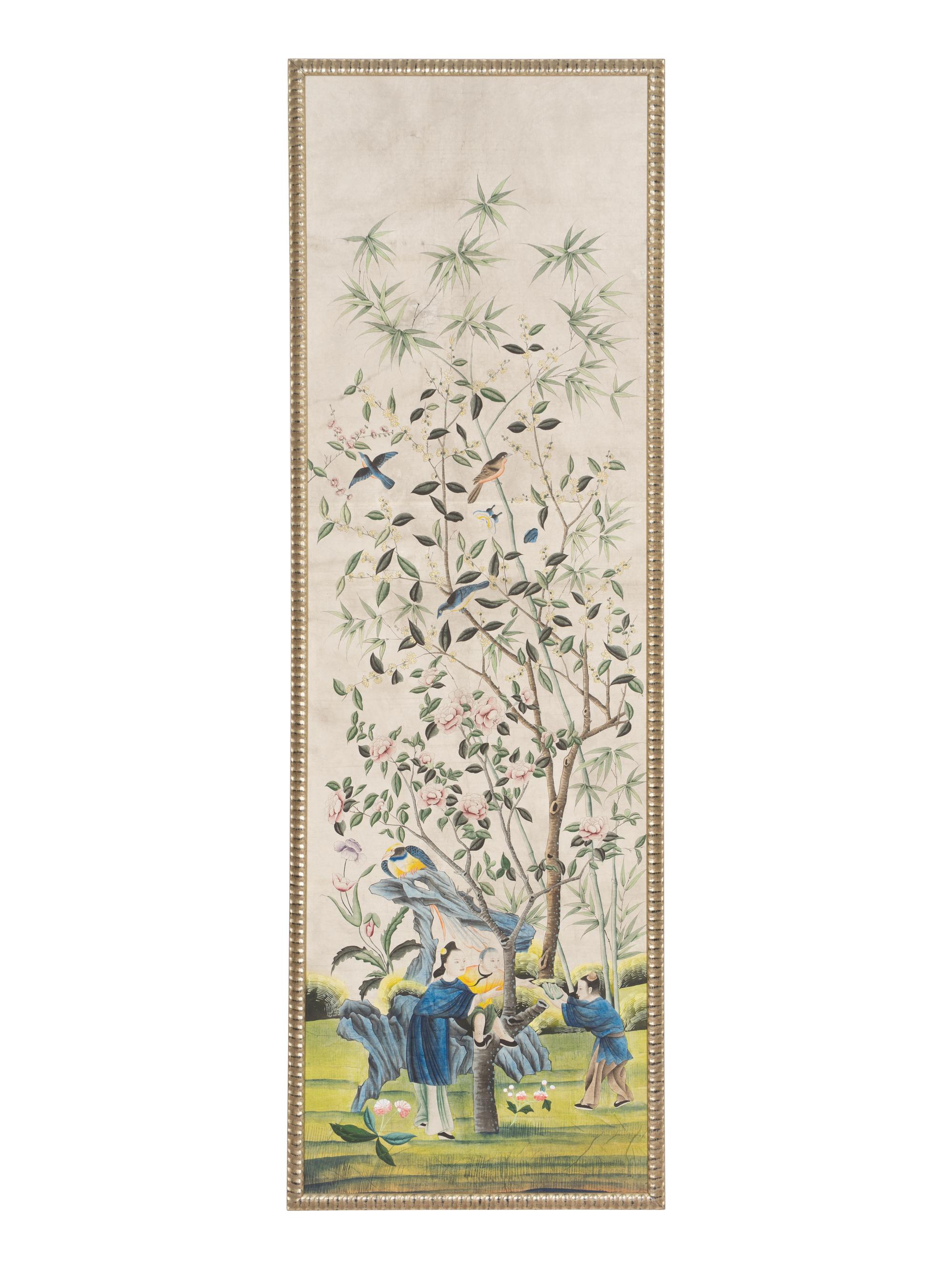 A Set of Four Large Chinese Export Hand-Painted Wallpaper Panels