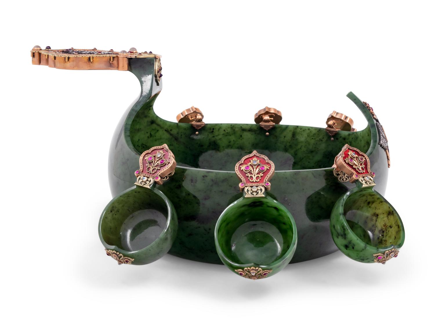 A Large Russian 14-Karat Gold, Enamel and Gemstone Mounted Spinach Jade Kovsh-Form Punch Service