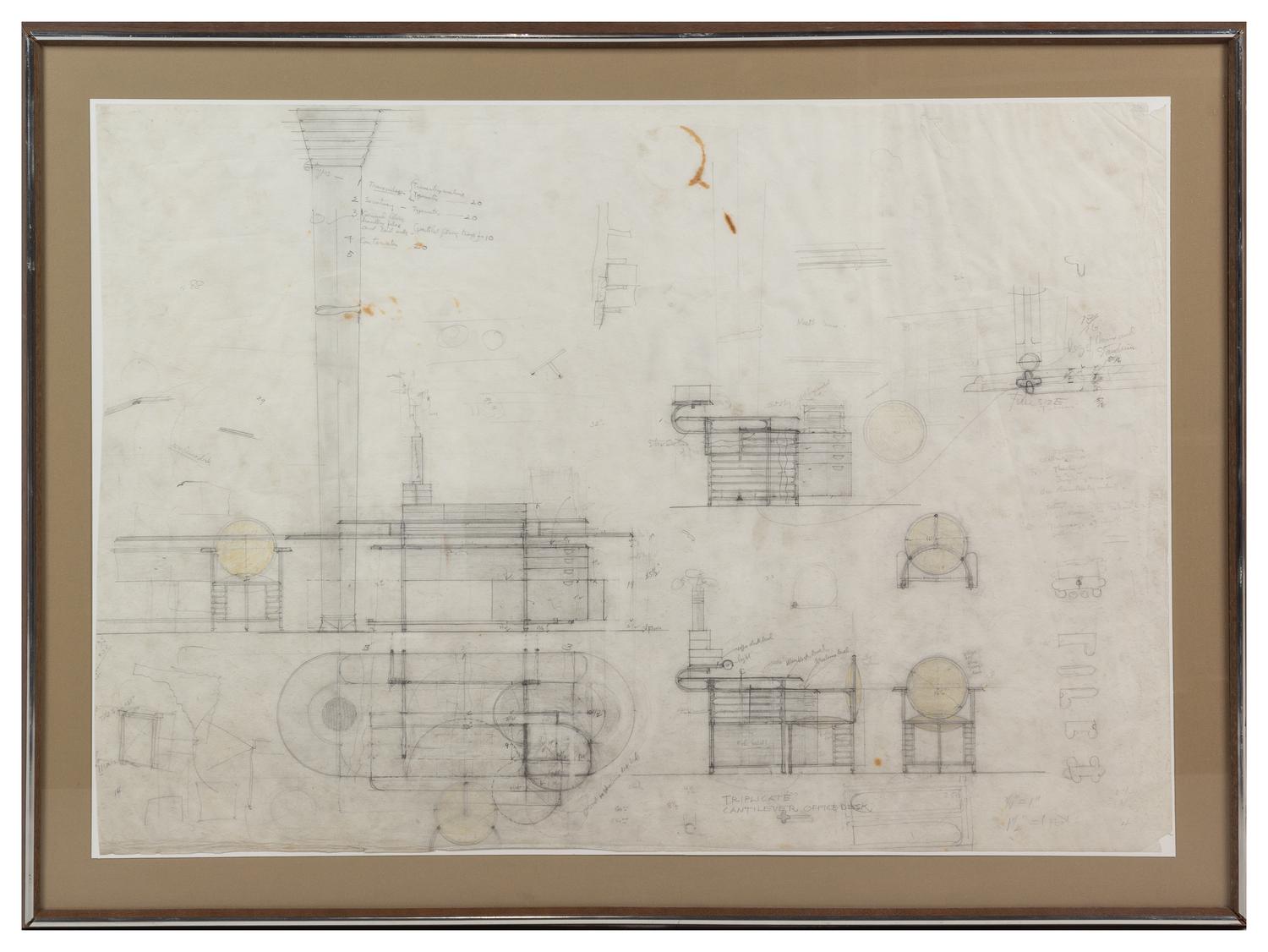 [ARCHITECTURE]. WRIGHT, Frank Lloyd (1867-1959). A group of architectural drawings, renderings, and blueprints relating to the S. C. Johnson and Sons Office Building in Racine, Wisconsin, comprising: