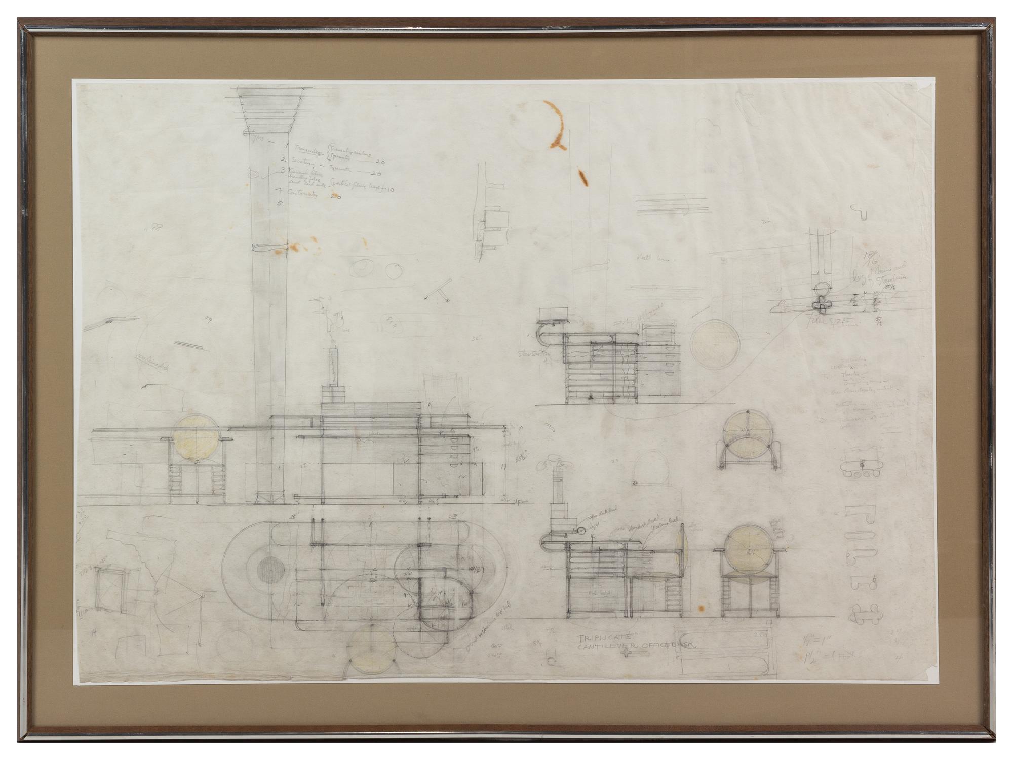 [ARCHITECTURE]. WRIGHT, Frank Lloyd (1867-1959). A group of architectural drawings, renderings, and blueprints relating to the S. C. Johnson and Sons Office Building in Racine, Wisconsin, comprising: