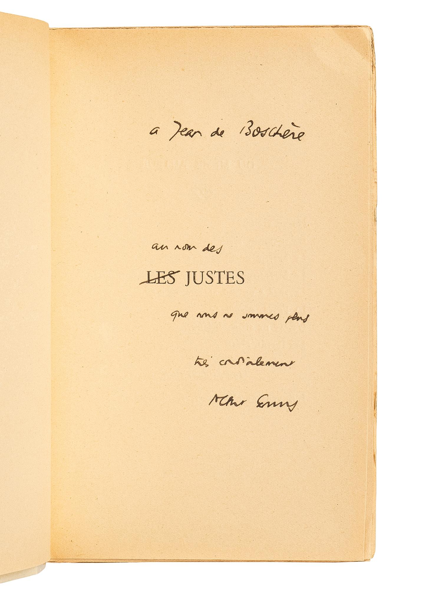 CAMUS, Albert (1913-1960). Two PRESENTATION COPIES inscribed to Belgian writer and painter Jean de Bosschère, comprising: