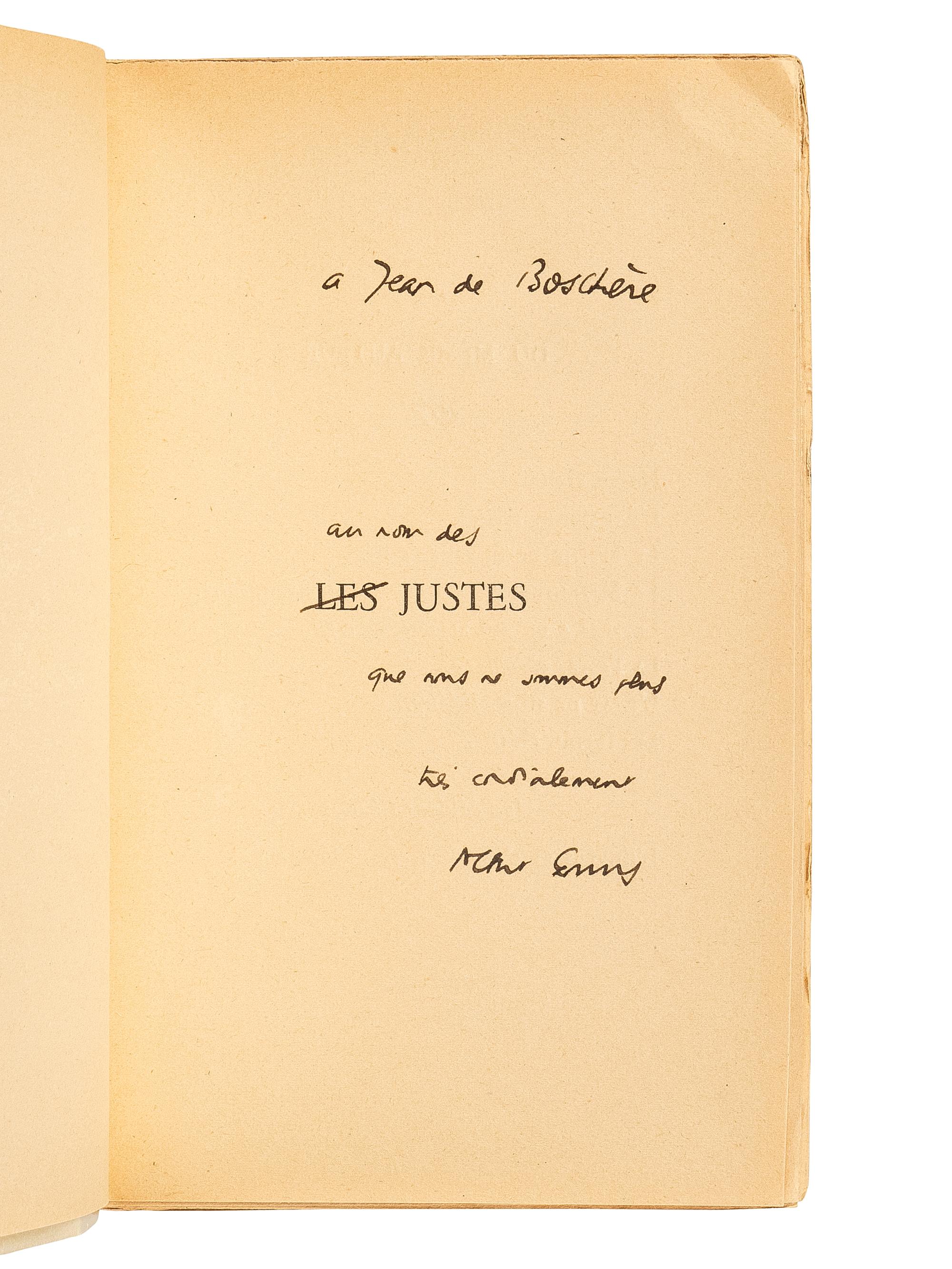 CAMUS, Albert (1913-1960). Two PRESENTATION COPIES inscribed to Belgian writer and painter Jean de Bosschère, comprising: