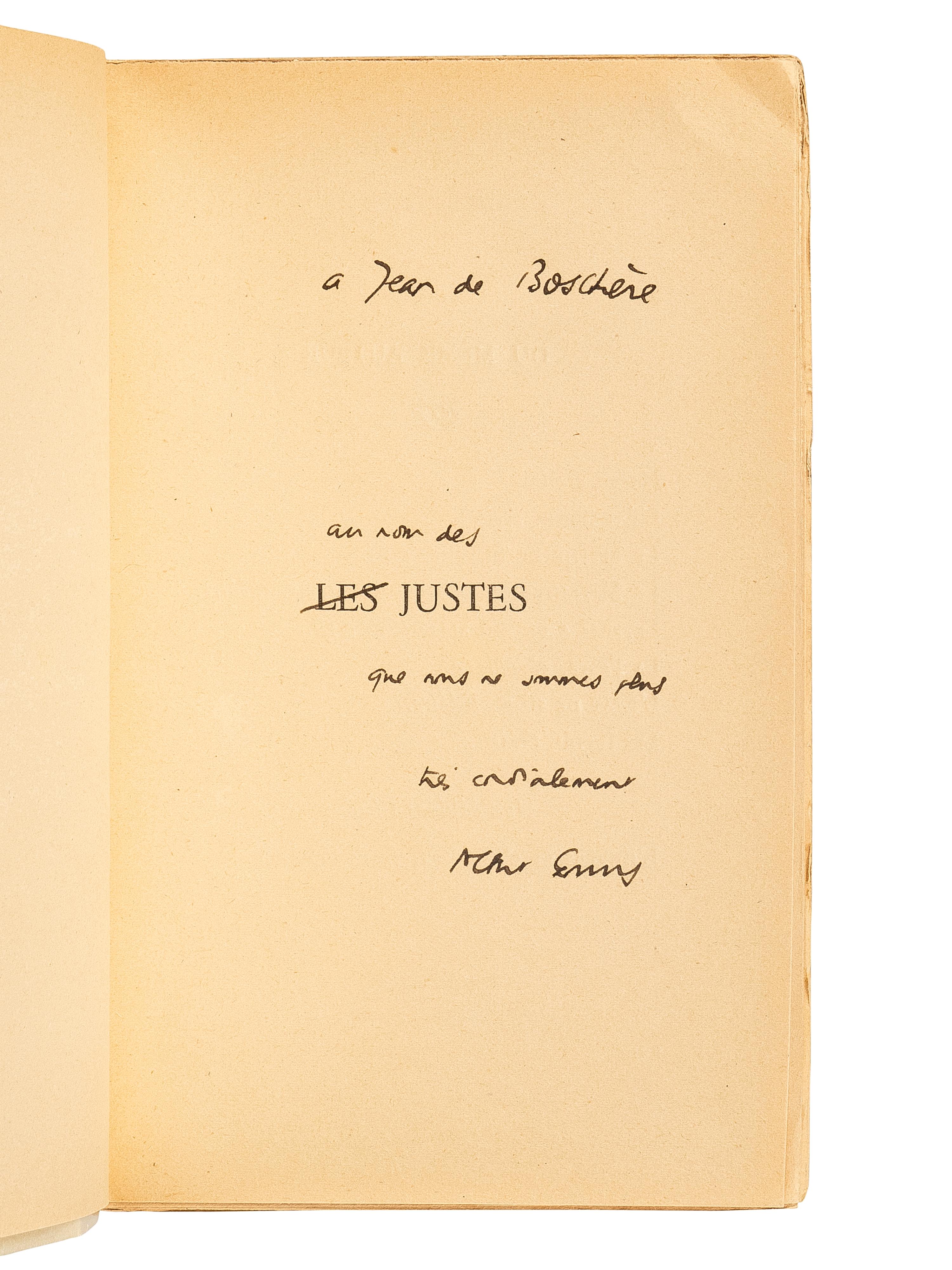 CAMUS, Albert (1913-1960). Two PRESENTATION COPIES inscribed to Belgian writer and painter Jean de Bosschère, comprising: