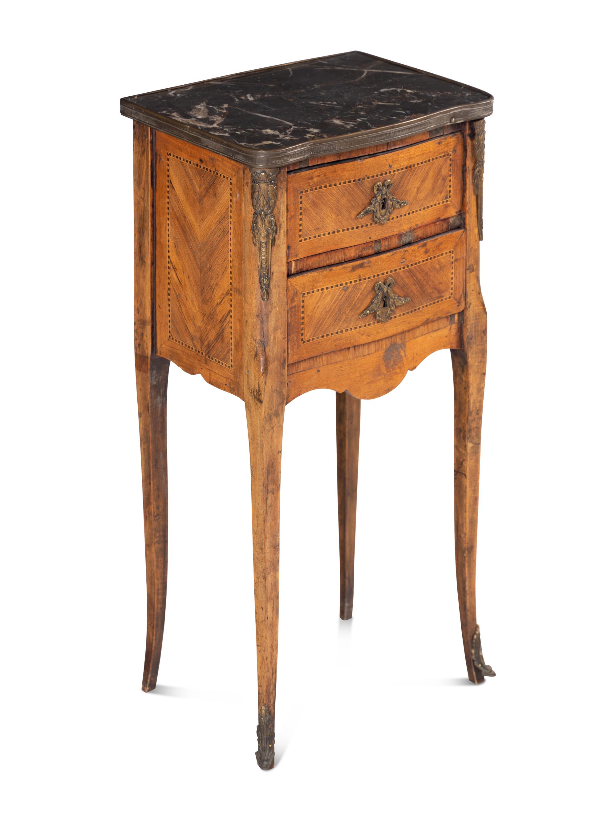 A Louis XV/XVI Transitional Style Marquetry Marble Inset Side Table