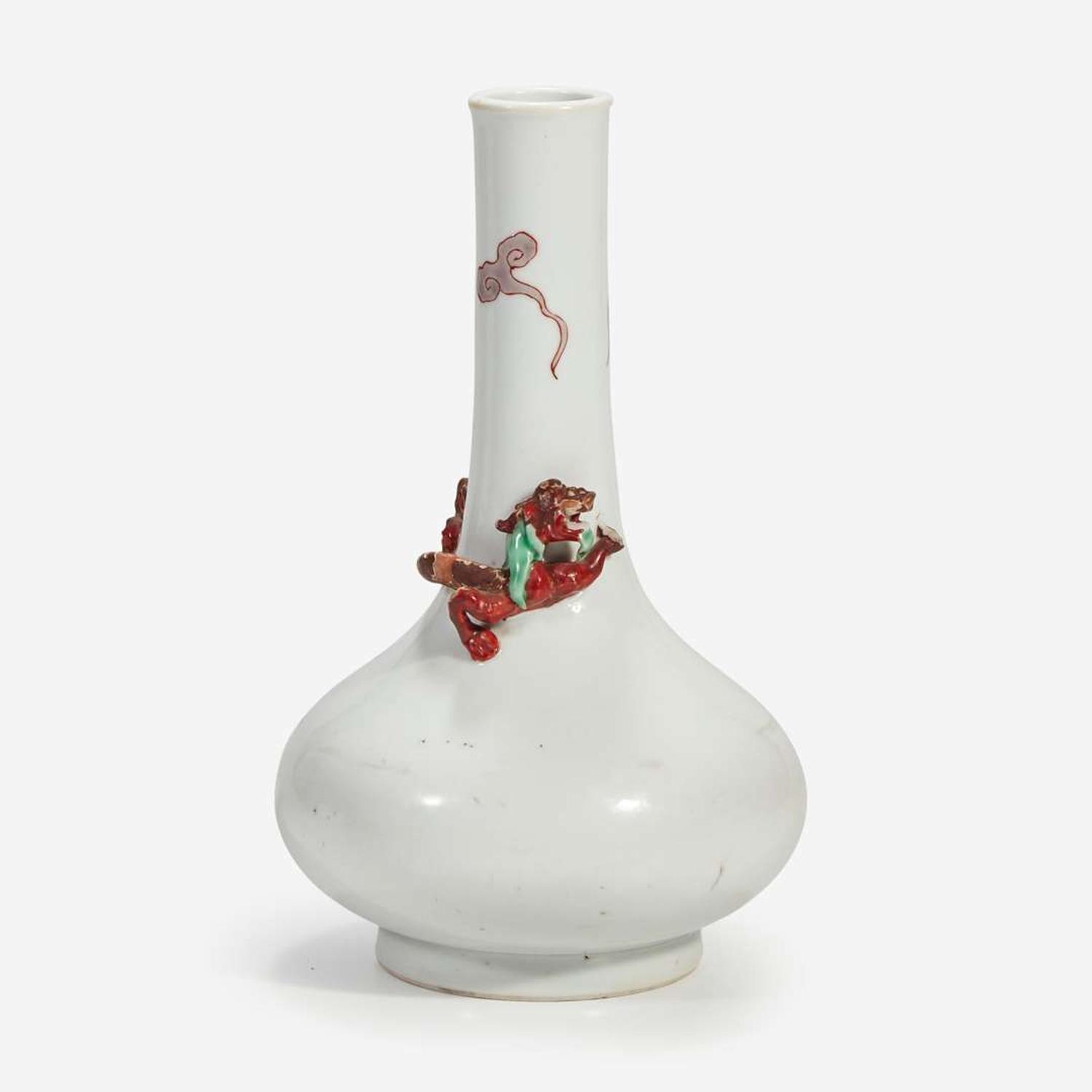 A Chinese porcelain bottle vase with applied coiled dragon Probably 18th century