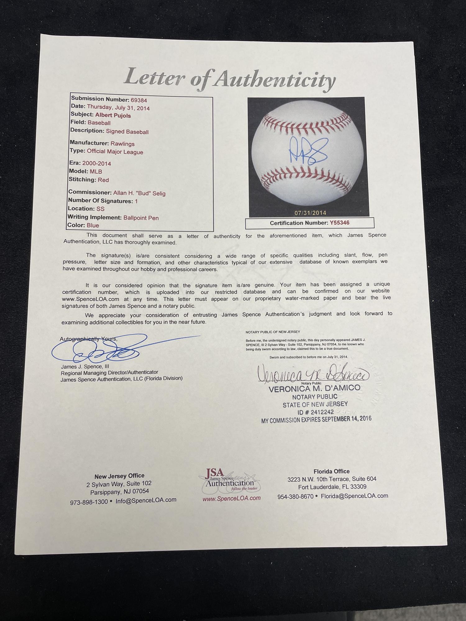 An Albert Pujols Single Signed Autograph Baseball (JSA Letter of Authenticity)