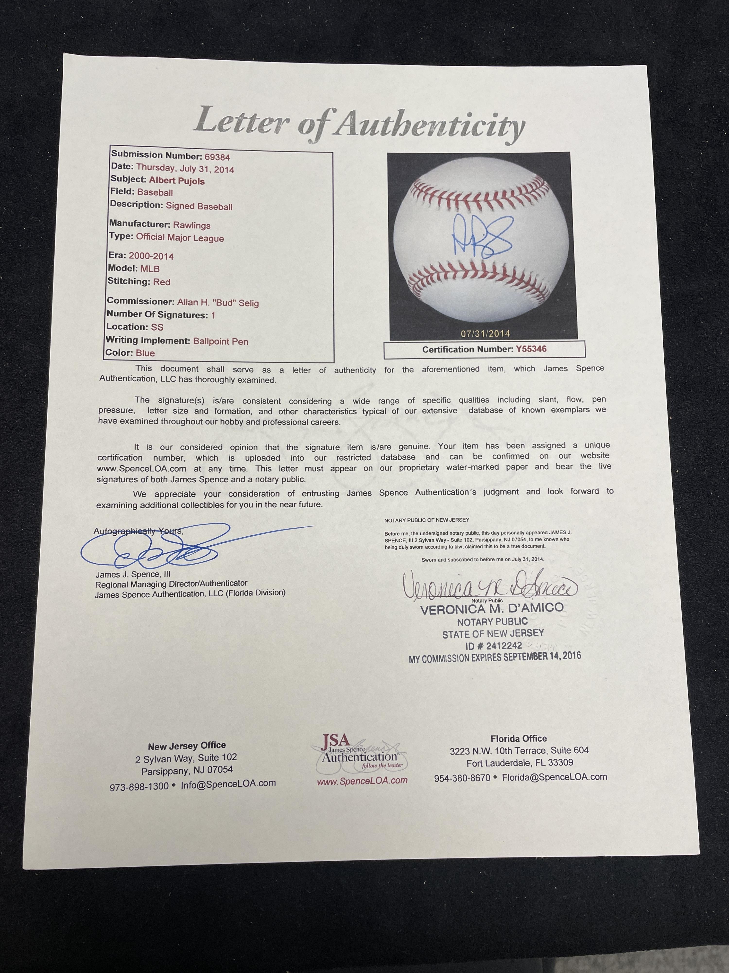 An Albert Pujols Single Signed Autograph Baseball (JSA Letter of Authenticity)