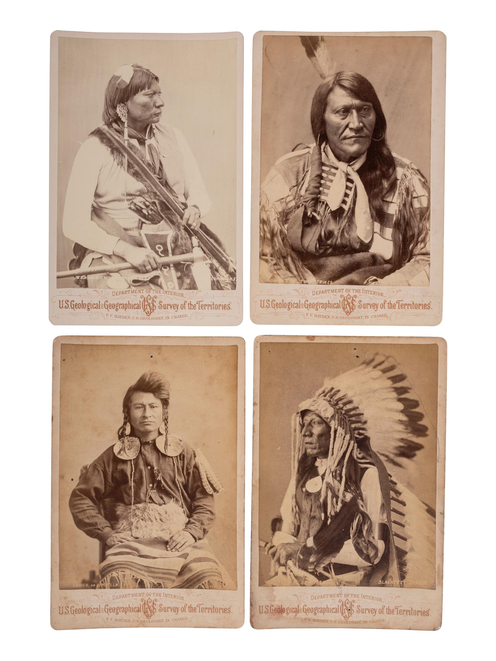 [NATIVE AMERICANS]. A group of 4 cabinet cards of Native American subjects from the Hayden Geological Survey. Ca 1870s.