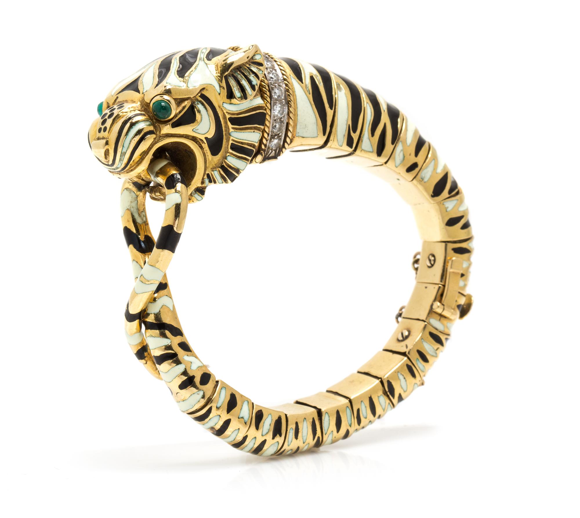 An 18 Karat Yellow Gold, Platinum, Diamond, Emerald and Polychrome Enamel Tiger Bracelet, David Webb, Circa 1965, 52.70 dwts.