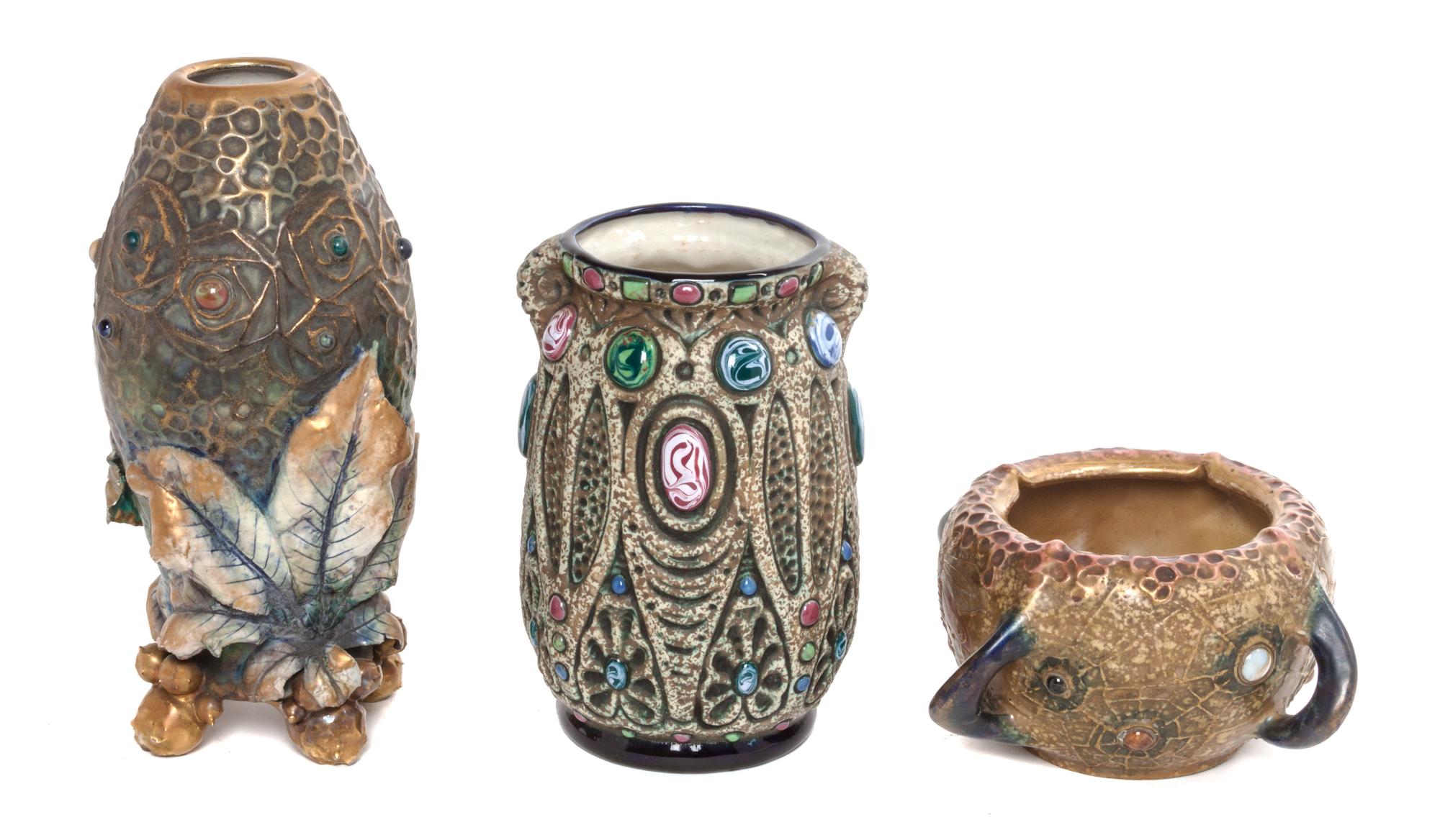 Three Amphora Pottery Vases Height of tallest 9 1/4 inches.