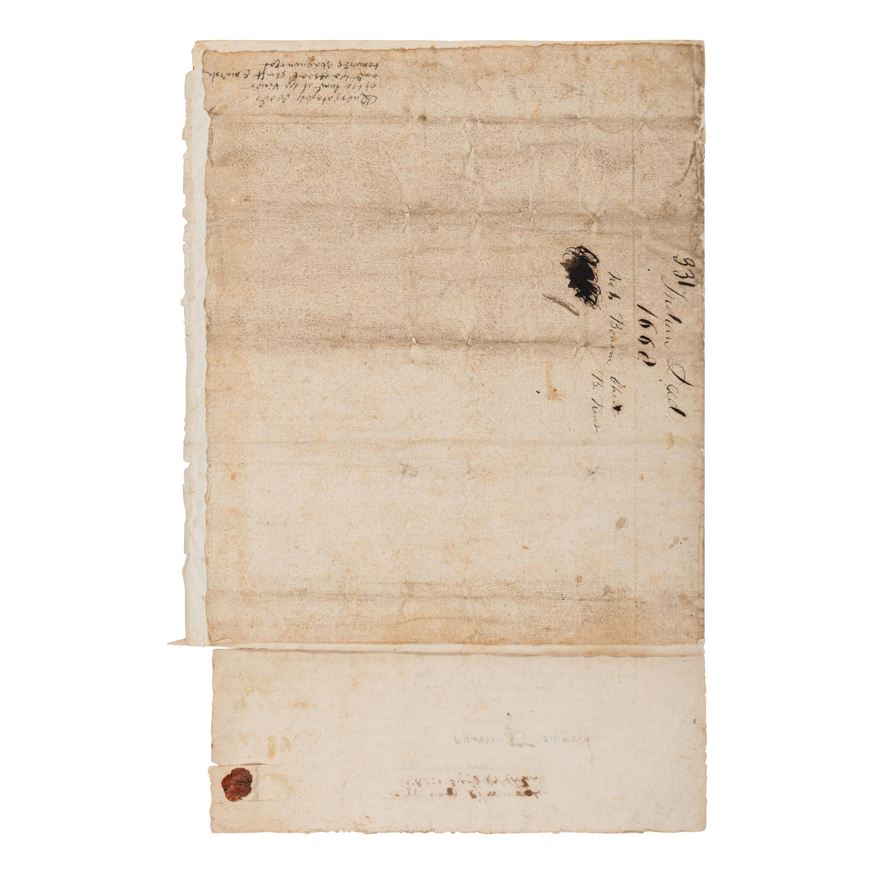 [Plymouth Colony]. Alden, John (ca 1598-1687). Autograph endorsement signed, n.p. [Duxbury, MA?], 5 March 1668-1669.