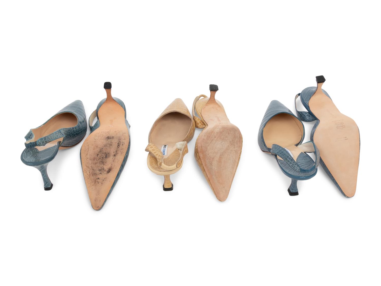 Three Pairs of Manolo Blahnik Exotic Skin Shoes