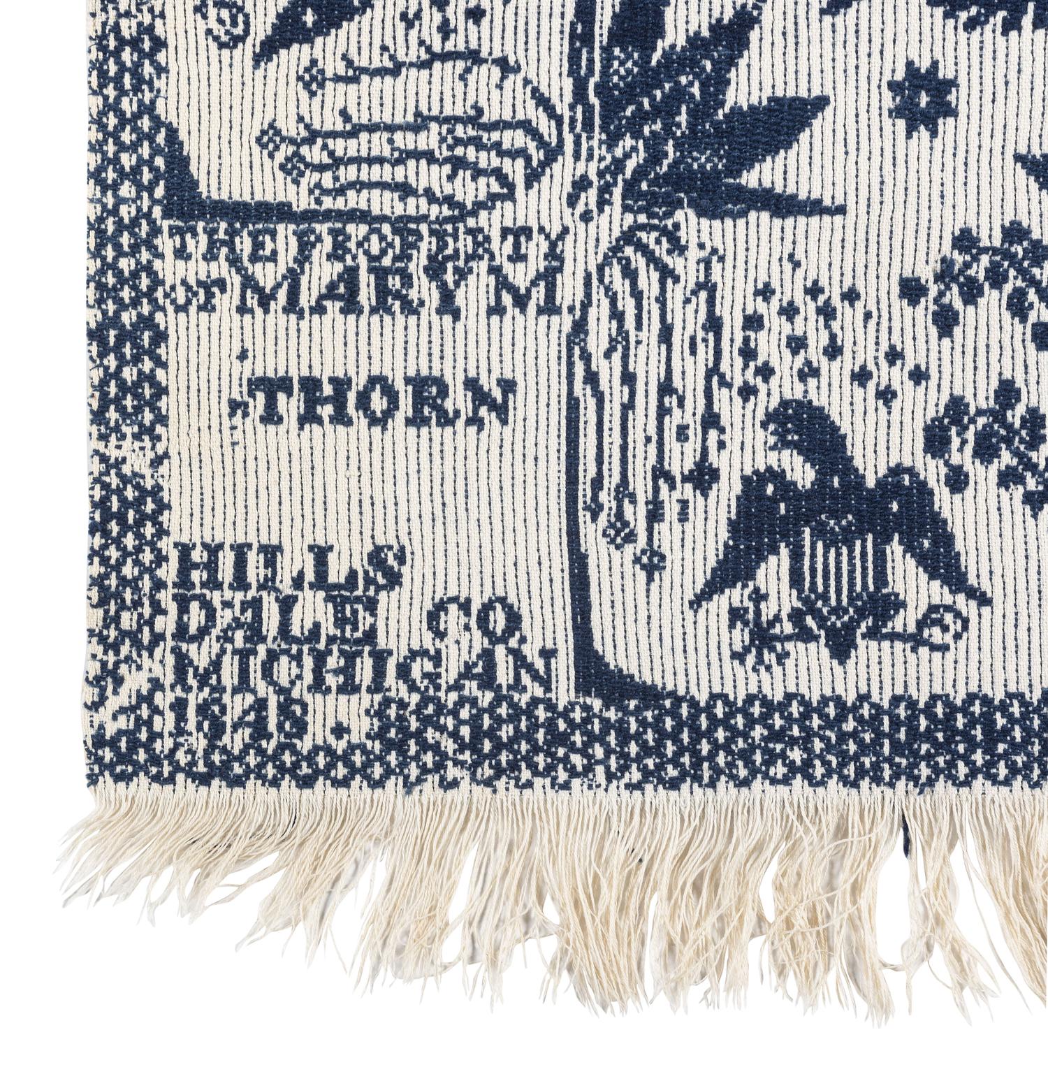 A Rare Blue and White Jacquard Pieced Coverlet, Made for Mary M. Thorn