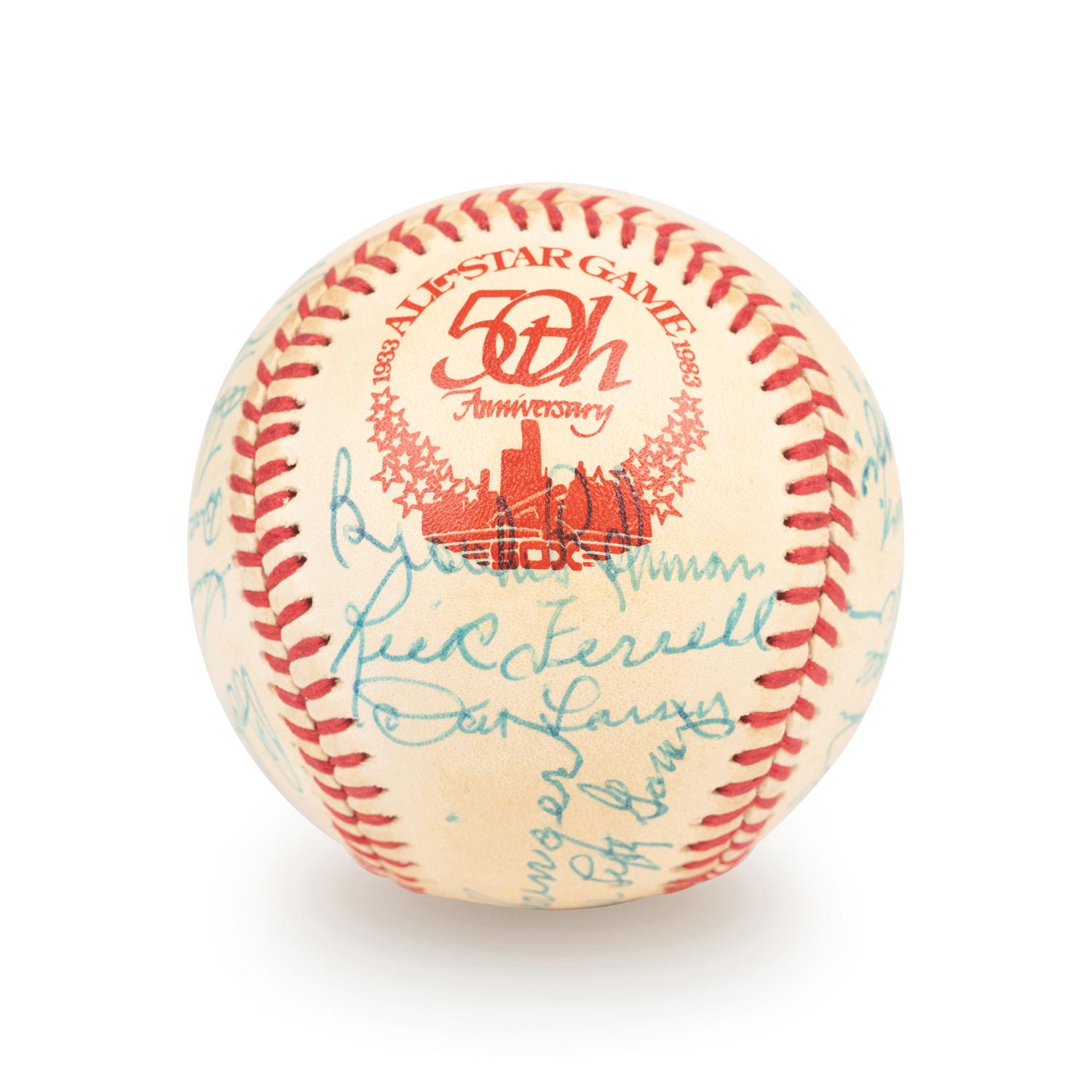 A 1983 Old Timers Game American League Team Signed Autograph Baseball With 26 Signatures Featuring Joe DiMaggio and Roger Maris (Beckett Authentication Services Letter BAS Certified),