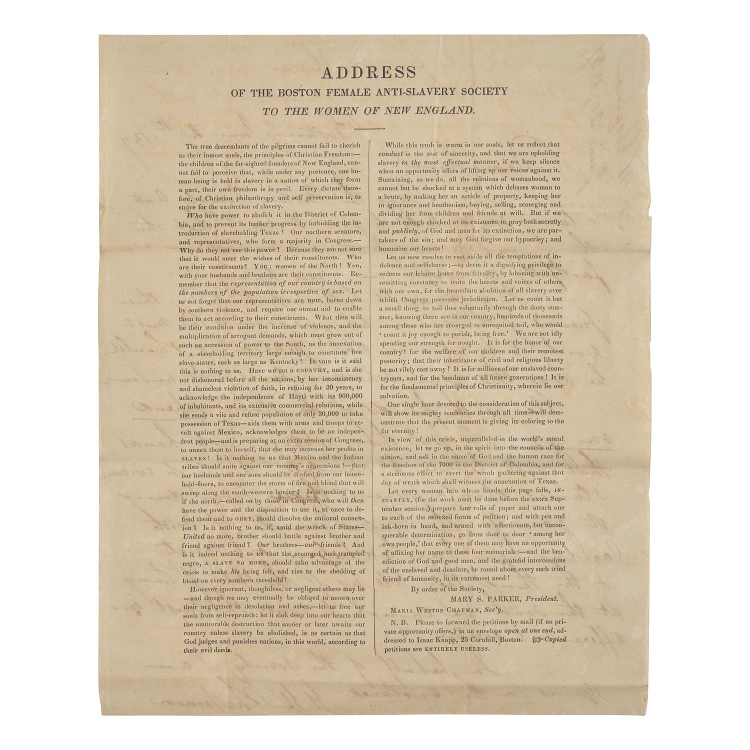 [African-Americana] Chapman, Maria W. Autograph Letter, signed, on Printed Circular, "Address of the Boston Female Anti-Slavery Society"