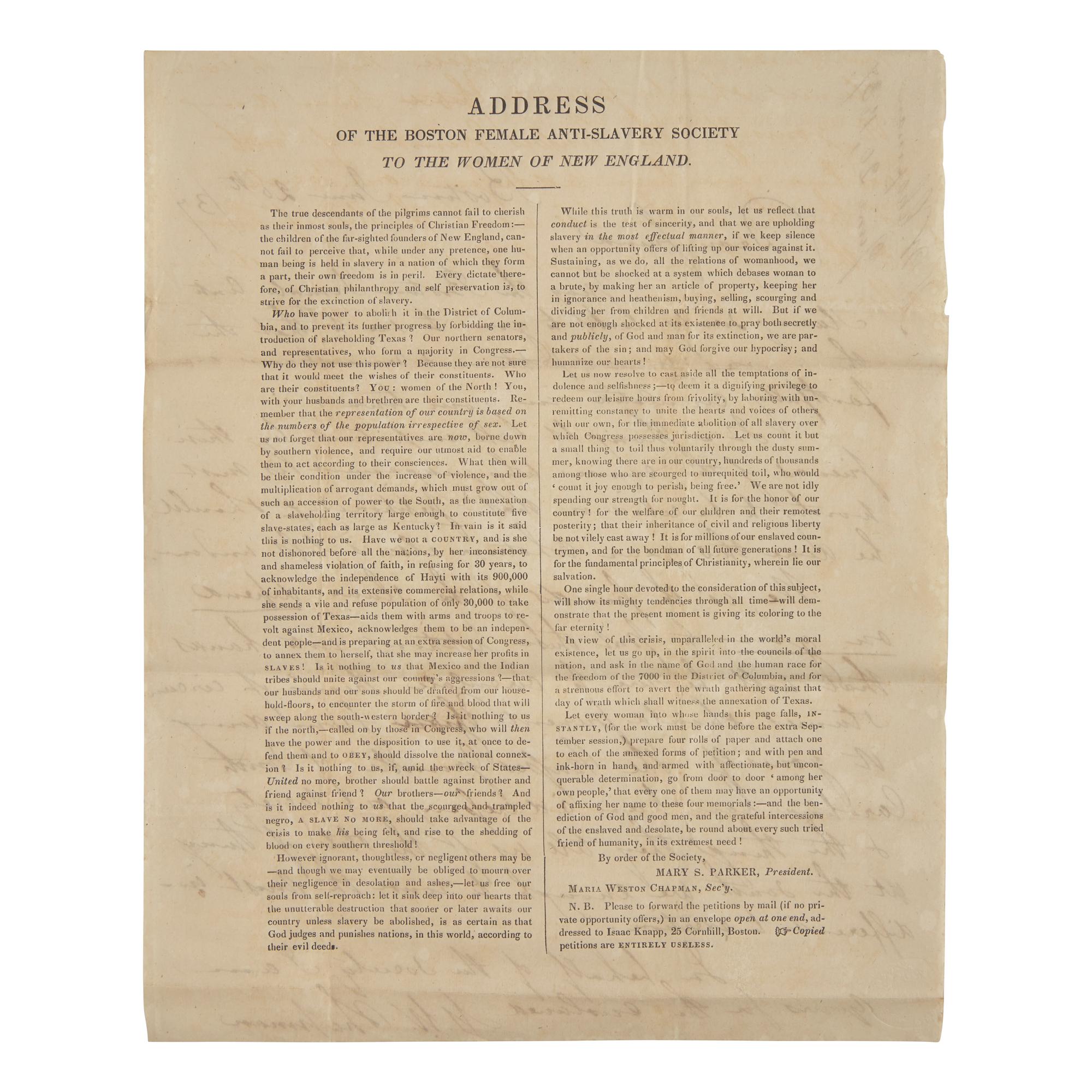 [African-Americana] Chapman, Maria W. Autograph Letter, signed, on Printed Circular, "Address of the Boston Female Anti-Slavery Society"