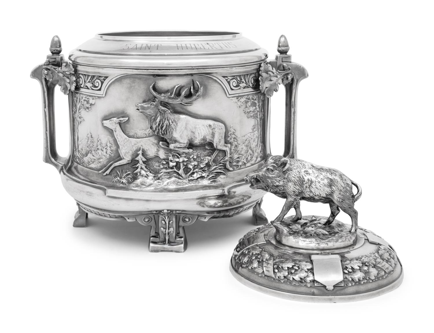A German Silver-Plate Covered Tureen or Punch Bowl from the Saint Hubertus Hunting Lodge, Gelderland, Netherlands