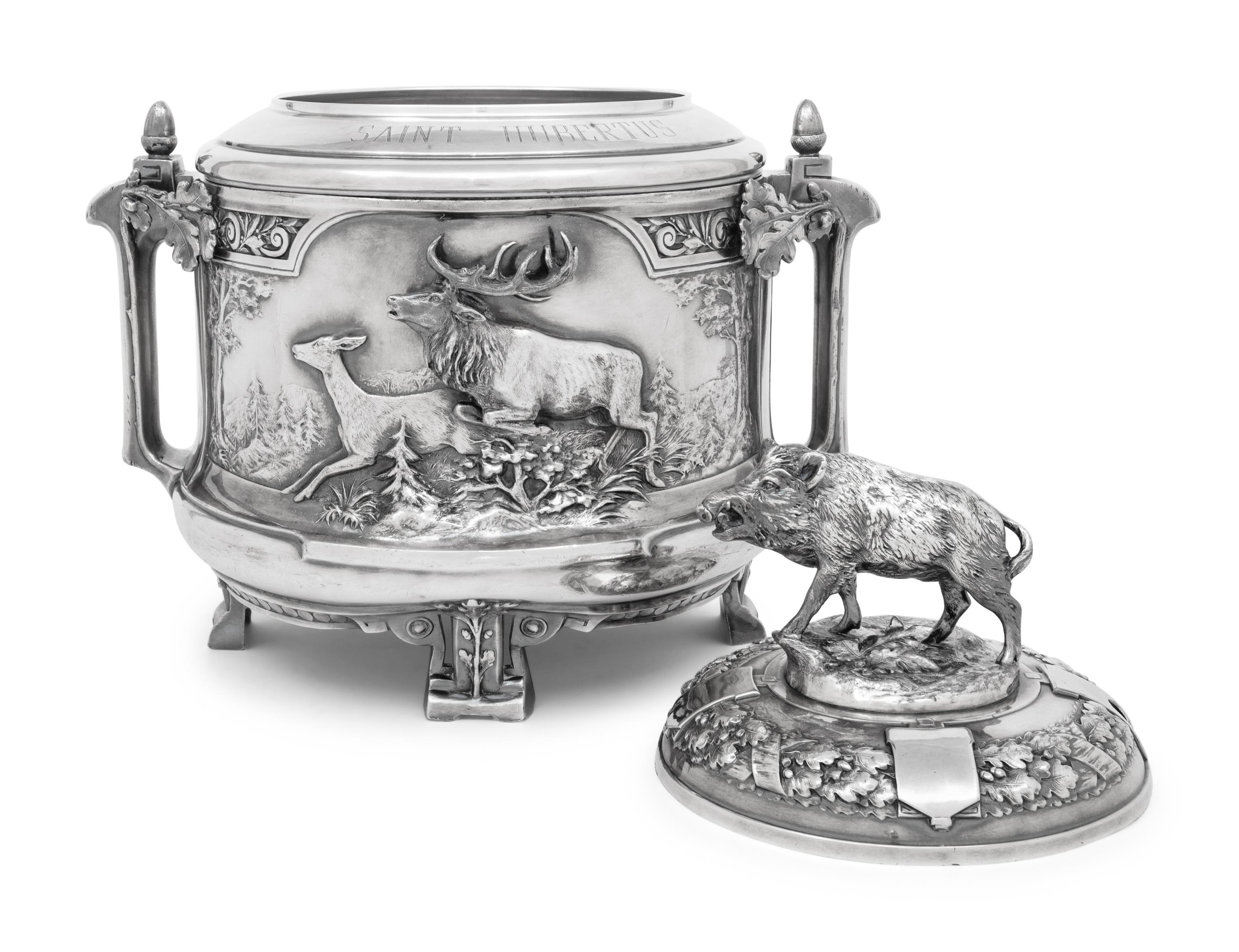 A German Silver-Plate Covered Tureen or Punch Bowl from the Saint Hubertus Hunting Lodge, Gelderland, Netherlands