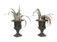 A Pair Cast Iron Urns with Tole Palm Topiaries