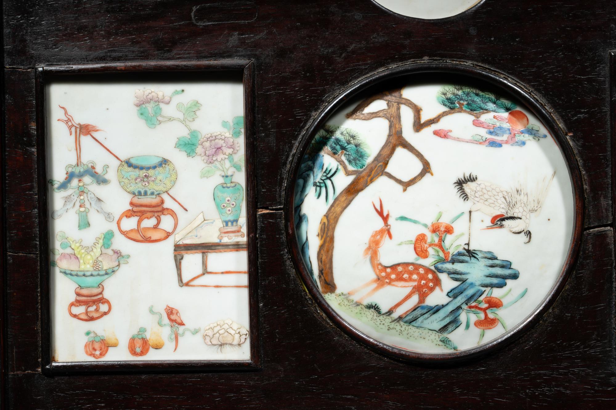 A Chinese Famille Rose Porcelain Inset Hardwood Table Screen