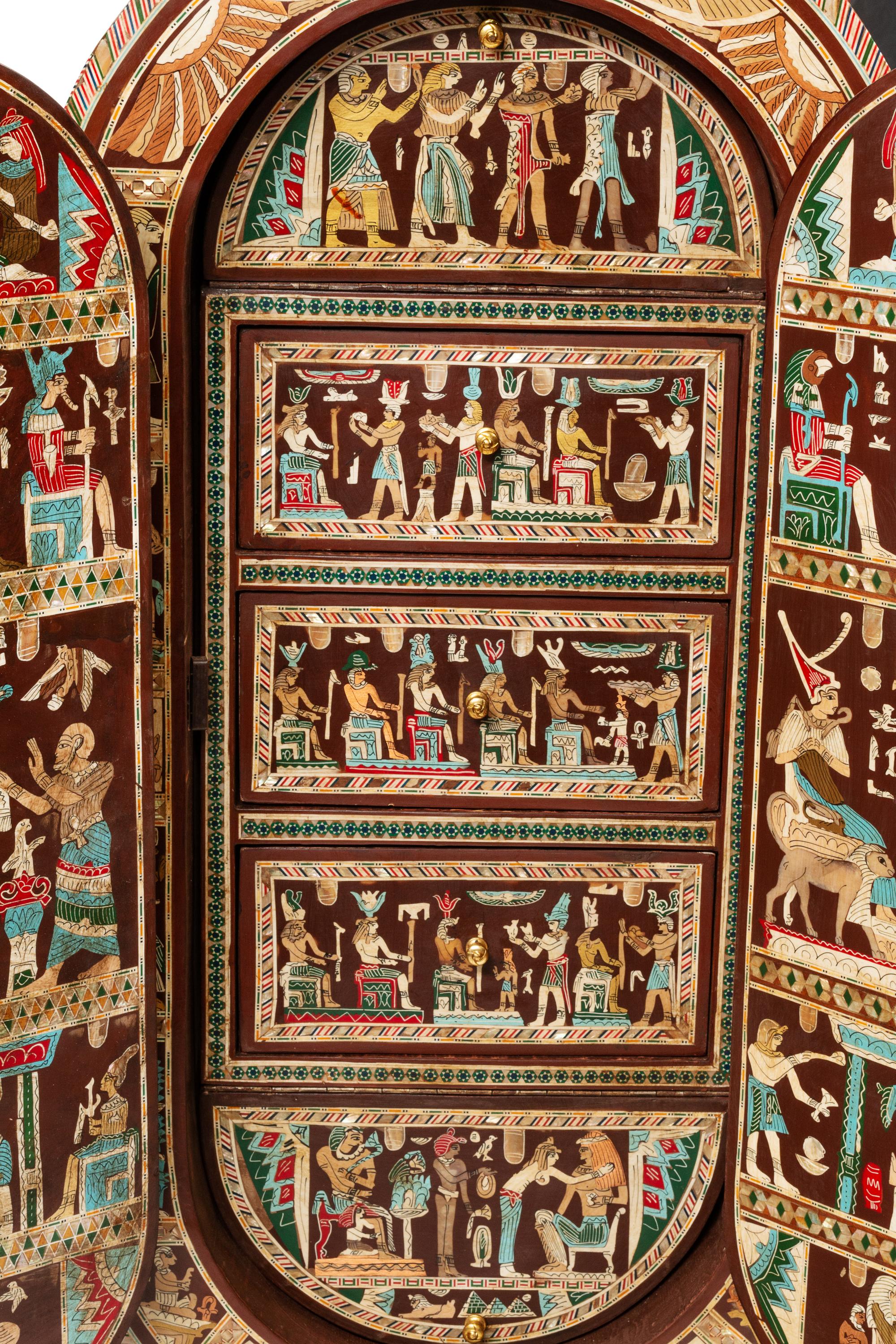 A Pair of Egyptian Style Painted and Inlaid Cabinets